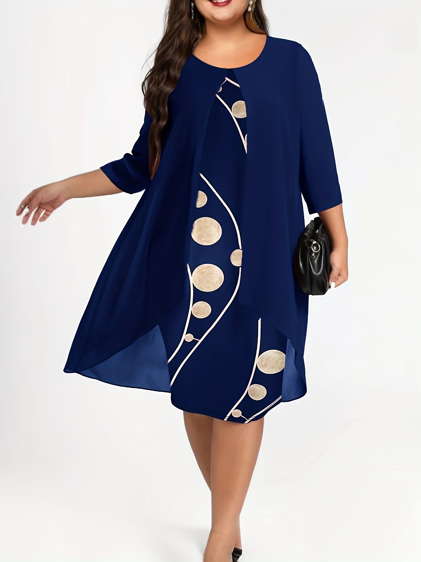 abstract print layered dress elegant 3 4 sleeve crew neck dress womens clothing blue b 0