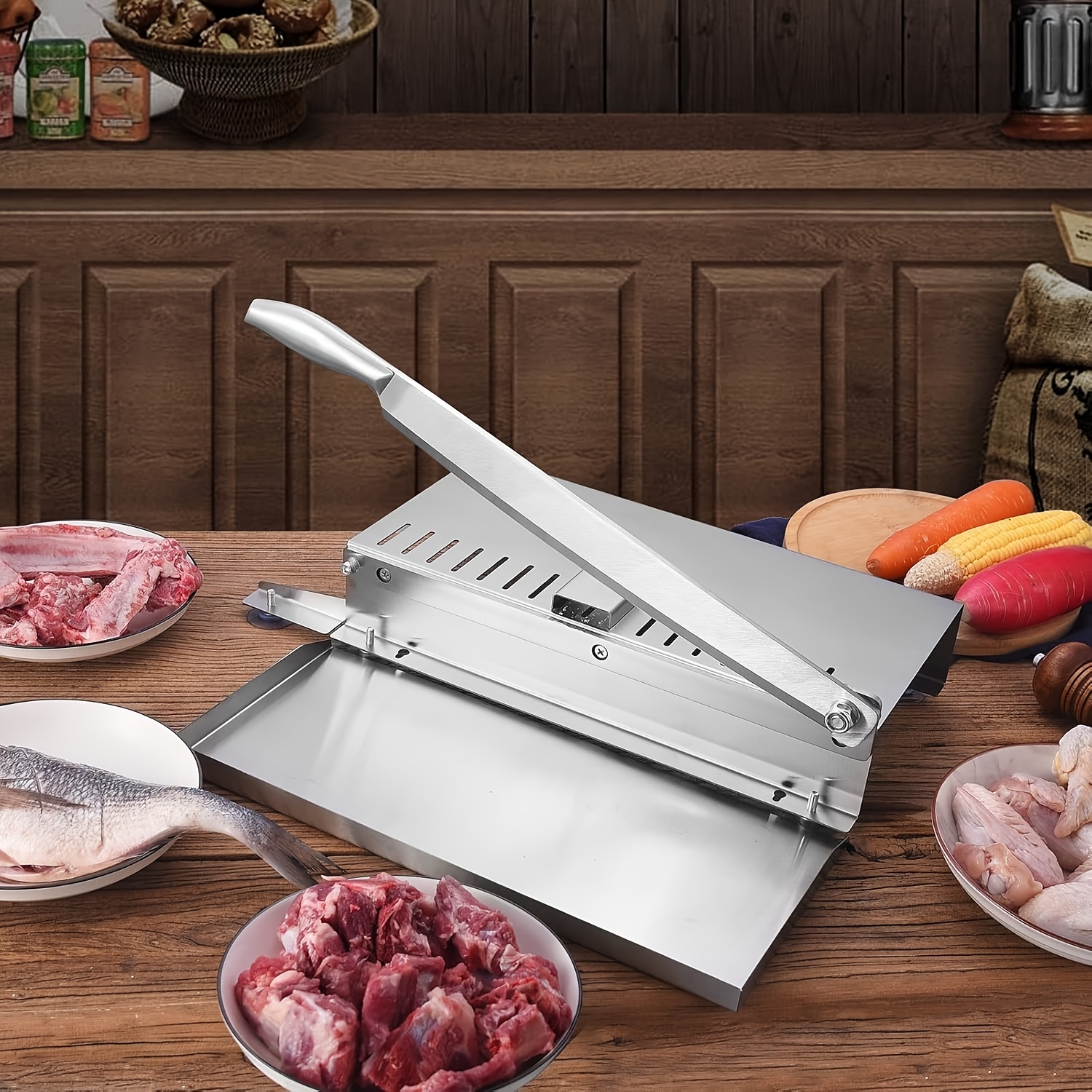 Easy Clean Stainless Steel Manual Meat Slicer and Bone Cutter - Non-Slip Base, Adjustable Blade, Rectangular Blade, Adjustable Thickness, Easily Cut Frozen Beef, Chops, Fruits and Vegetables - for Home Kitchens and Delis, Meat Grinder, Kitchen Gadget
