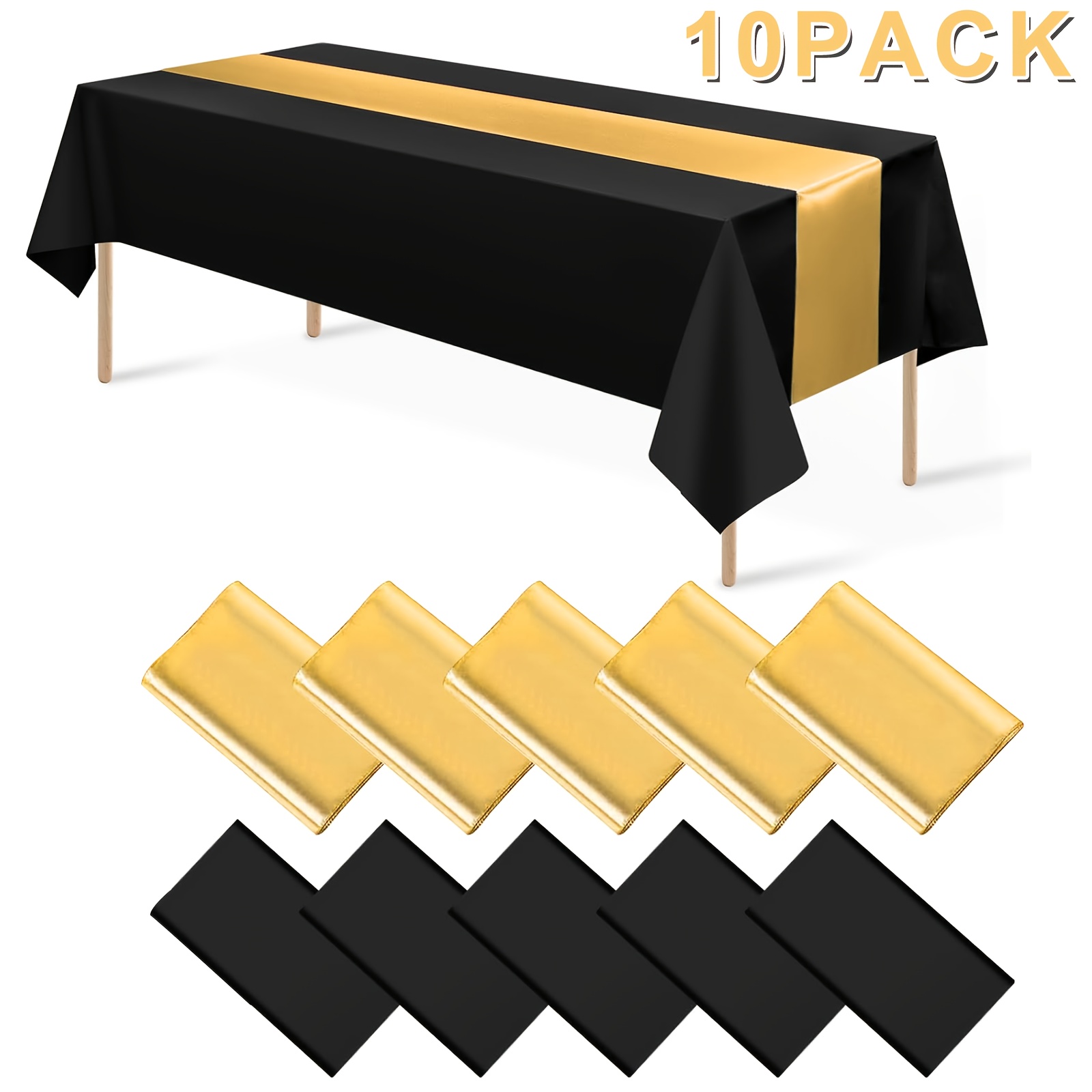 TEMU 10pack 12x108 Inch Satin Table Runner And 54x108inch Plastic Tablecloths Set Black And Golden Disposable Rectangle Table Cover For Graduation