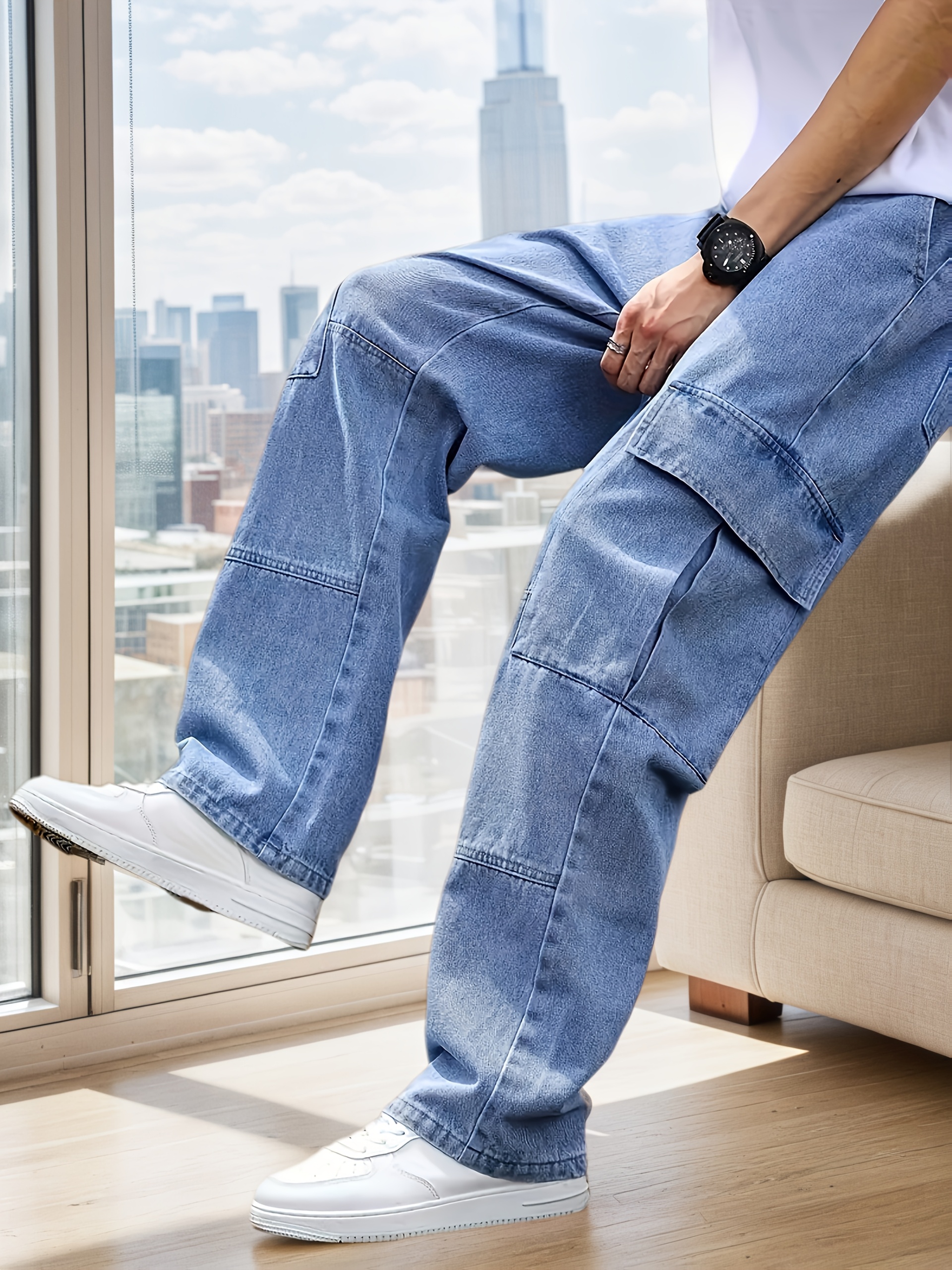 denim cargo pants for men sold on Temu United States