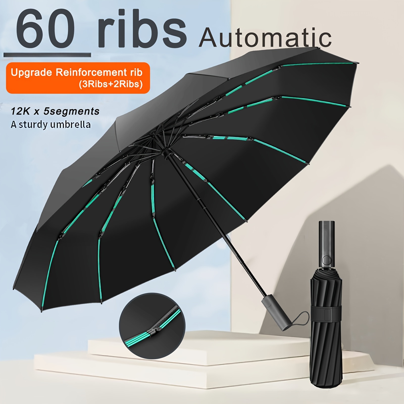 

90 Bone Automatic Umbrella Upgrade Reinforced Rib (3 Rib +2 Rib) Large Umbrella Men's Vinyl Business Umbrella Plus Windproof Sunshade Umbrella Sunshine And Rain Umbrella