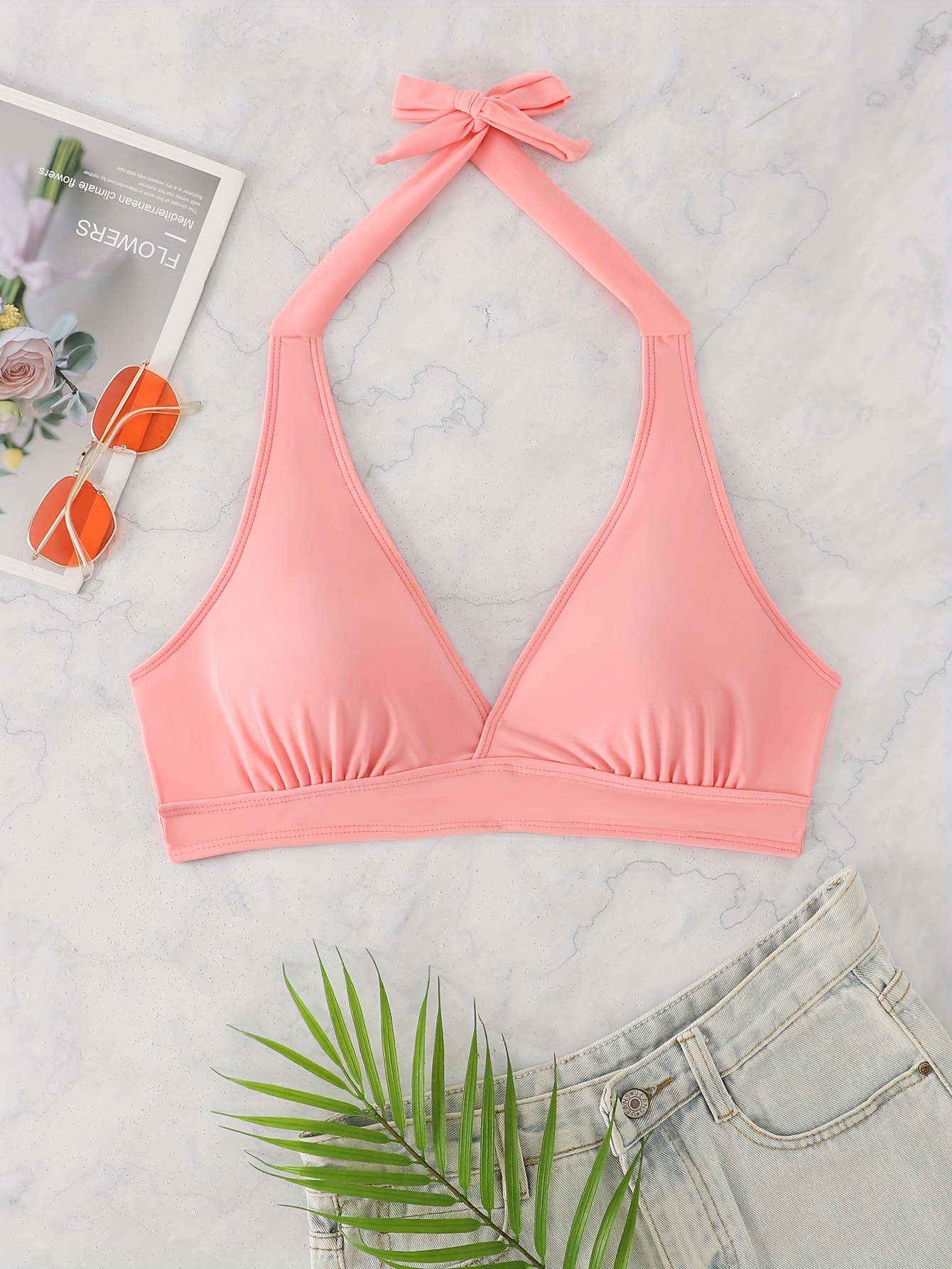 Deep V Neck Halter Tie Neck Bikini Top, Backless High Strech Stylish Swimsuit Top, Women's Swimwear & Clothing