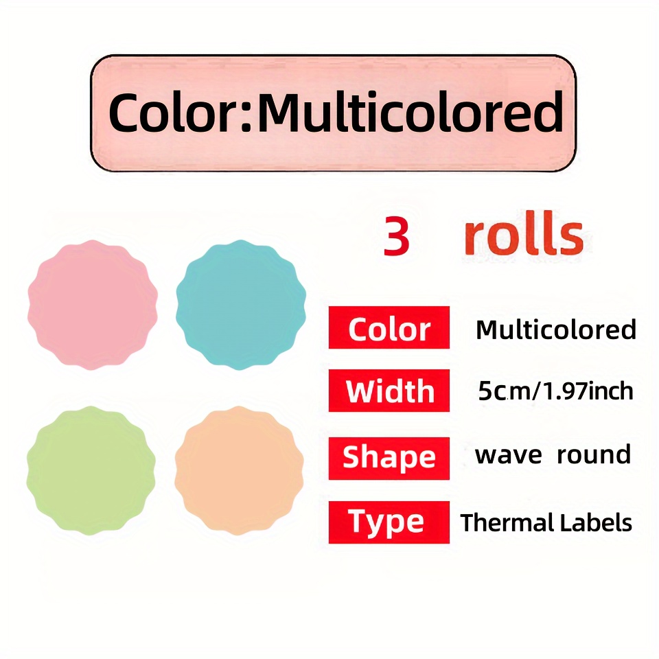 Image of 3 Roll, 2 Inch/5cm Wave Round Thermal Printer Labels, Transportation, Thank You Labels, Logo Labels, Round Direct Thermal Stickers 500 Sheets Thermal Printer Labels, 140 Sheets/roll, Multicolored