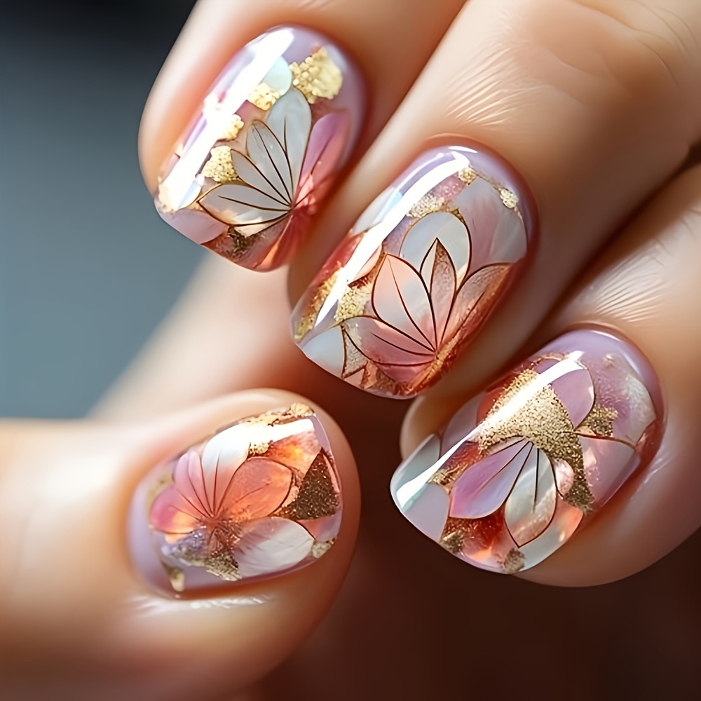 

24 Pcs Short Square Press On Nails - Mixed Color System With Floral And Golden Leaf Design, Glossy French Style False Nails For Women And Girls