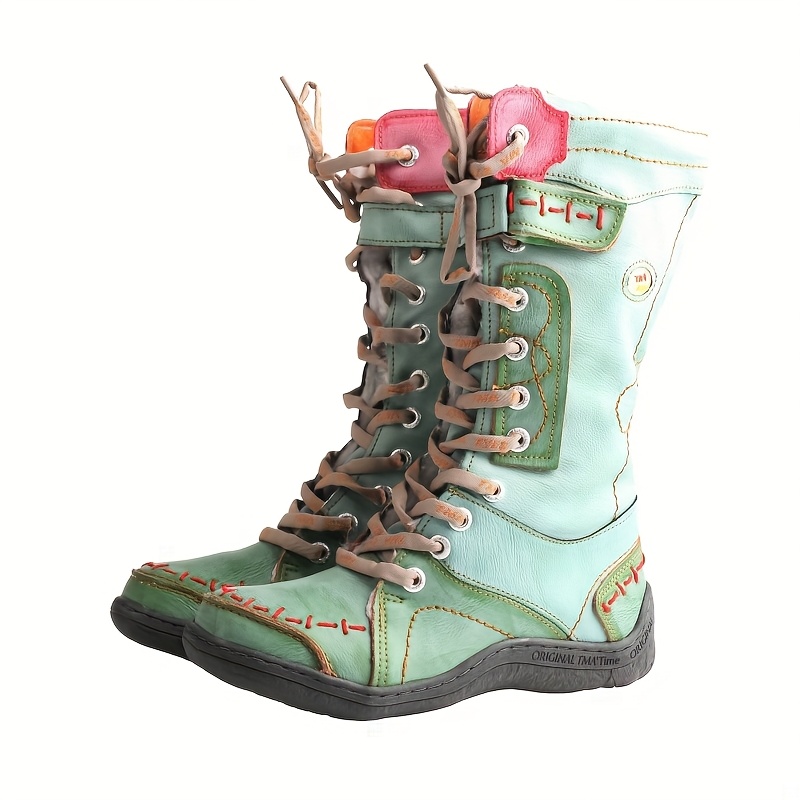 Image of Tma Eyes Winter Vintage Color-block Warm Anti-slip Distressed Style Lace- Zipper Casual Boots, Soft Sole Comfortable Flat Versatile Mid-calf Boots, Women Shoes