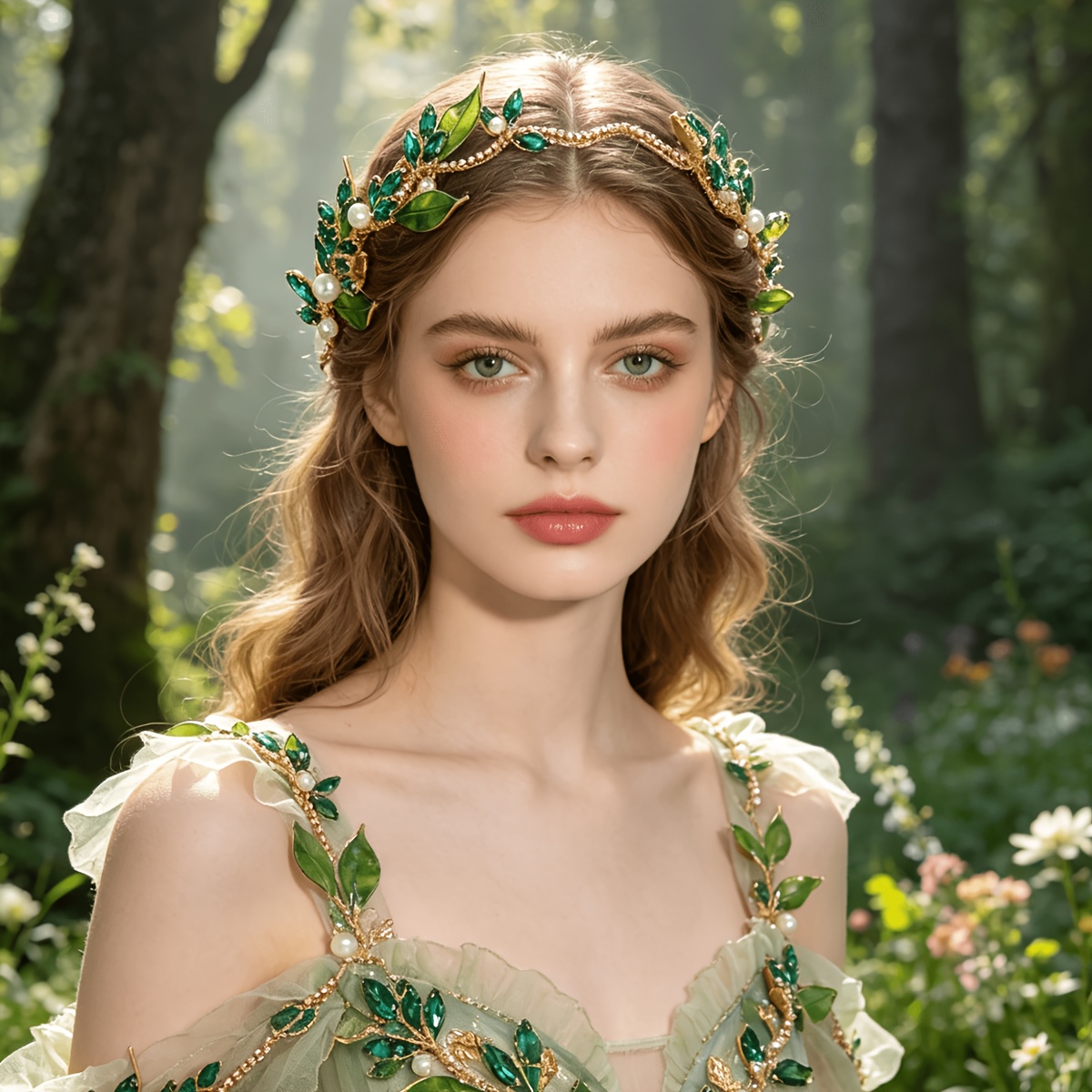 TEMU 1pc Green Leaf Headband Hair Additions Handmade Green Rhinestone Headband Additions Light Luxury Dress Styling Headwear