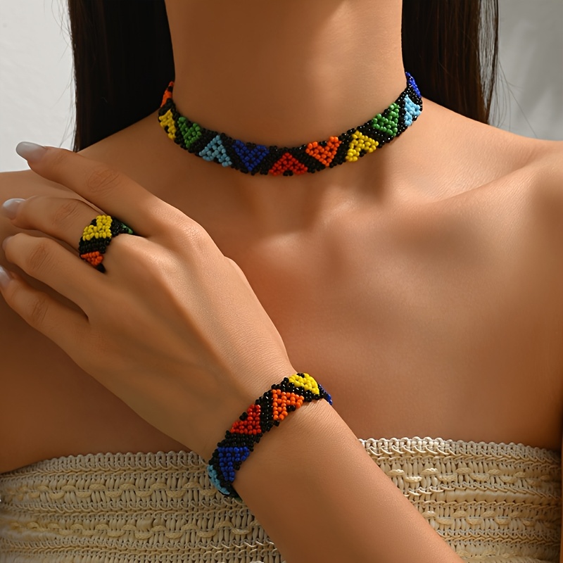 TEMU 3pcs/set Ethnic Style Woven Rice Bead Colorful Ring, Bracelet, And Necklace Set For Women, Hand-woven Rice Beads With