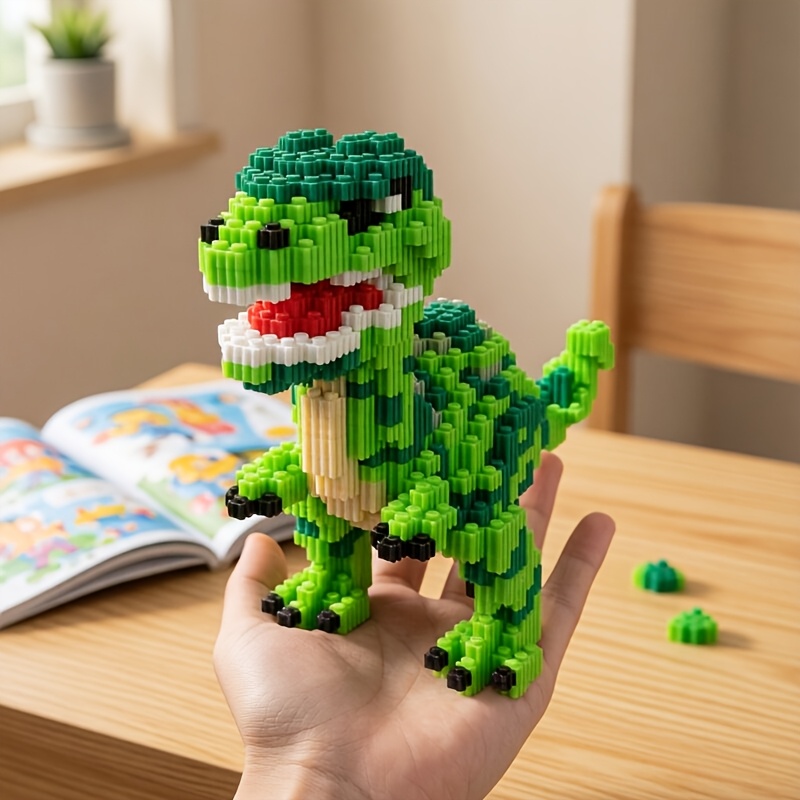 TEMU Modèle de montage de dinosaure Vélociraptor vert en micro-billes de construction, jouet éducatif artisanal à soi- pour garçons, ornement de