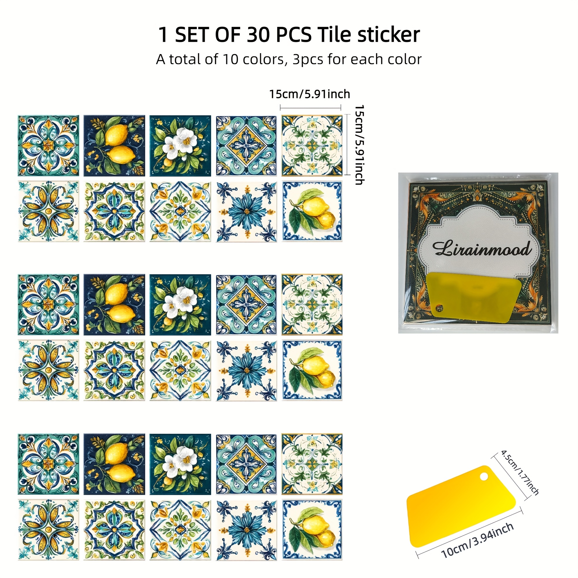 Image of 30pcs, Lirainmood, Peel And Stick Backsplash Waterproof Tile Stickers, Fashionable Lemon And Pattern Mexican Style Wall Stickers, Decals For Floor Kitchen Bathroom, Furniture Renewal, Home Decor