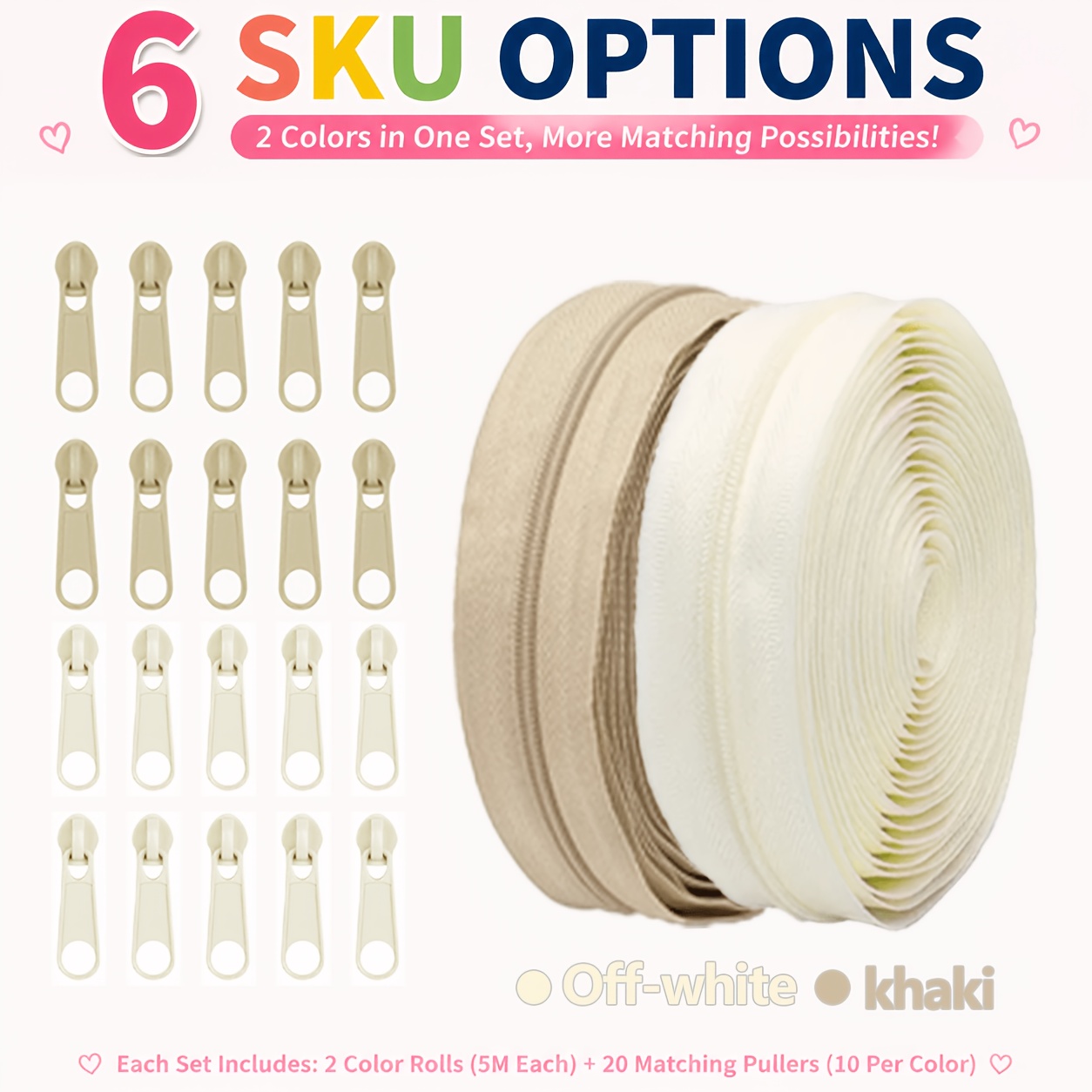 TEMU Kit de de fermeture éclair 2 couleurs assorties avec tirettes correspondantes, rouleaux de fermeture éclair pastel, fournitures de couture pour