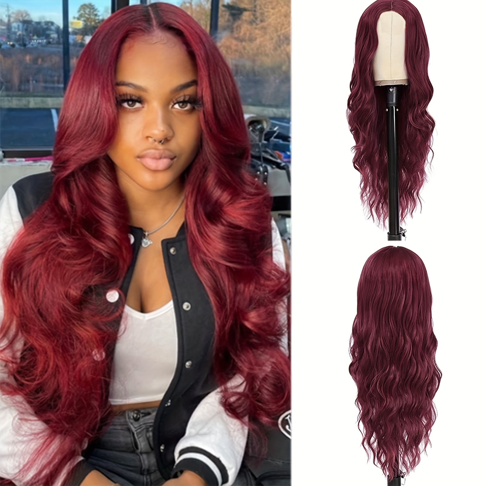 TEMU 28 Inch Burgundy Body Wave Synthetic Wig, Hair Elegant, Classic , Suitable For Tones, Christmas And New Year Holiday Wig, Suitable For , Holiday Party Wig.