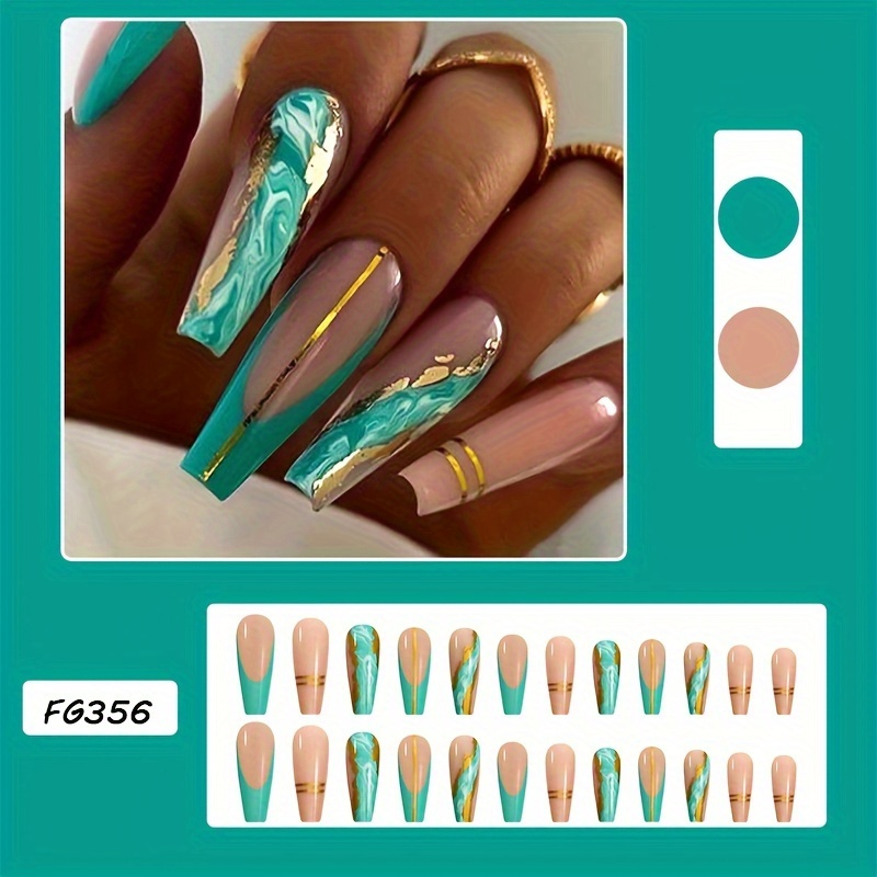 Image of 24pcs Green Marble Texture Nail Art Press-on Nails Long Style Finished Ballet Nails Gradient Nail Tips Ballet Nails Hot Wearable Nails Nail Pieces With Jelly Glue And File