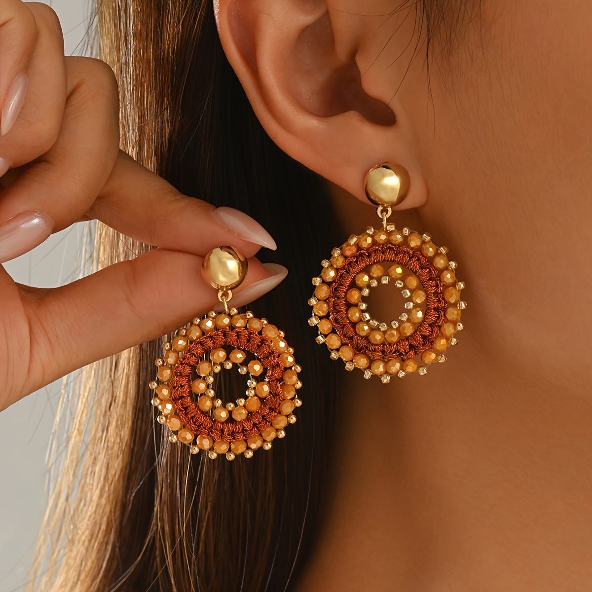 Bohemian Fashion Beaded Round Dangle Earrings, Handmade