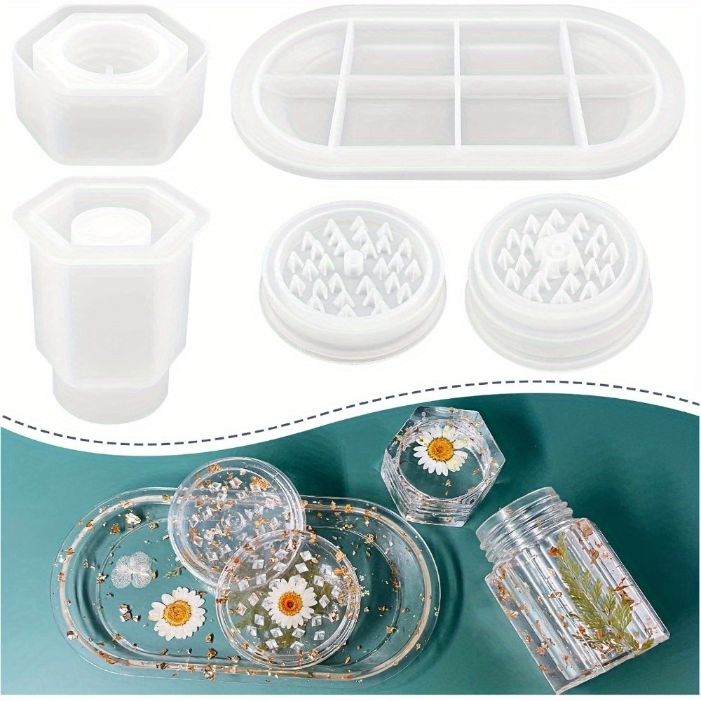 TEMU Set Of 4 Silicone Molds For Resin, Including Molds For Rolling Trays, Grinders, And Jars With Lids, Designed For Spice Grinding And Storage,