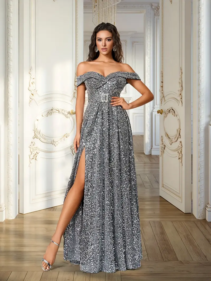 sequin belt decoration high split evening dress elegant chic