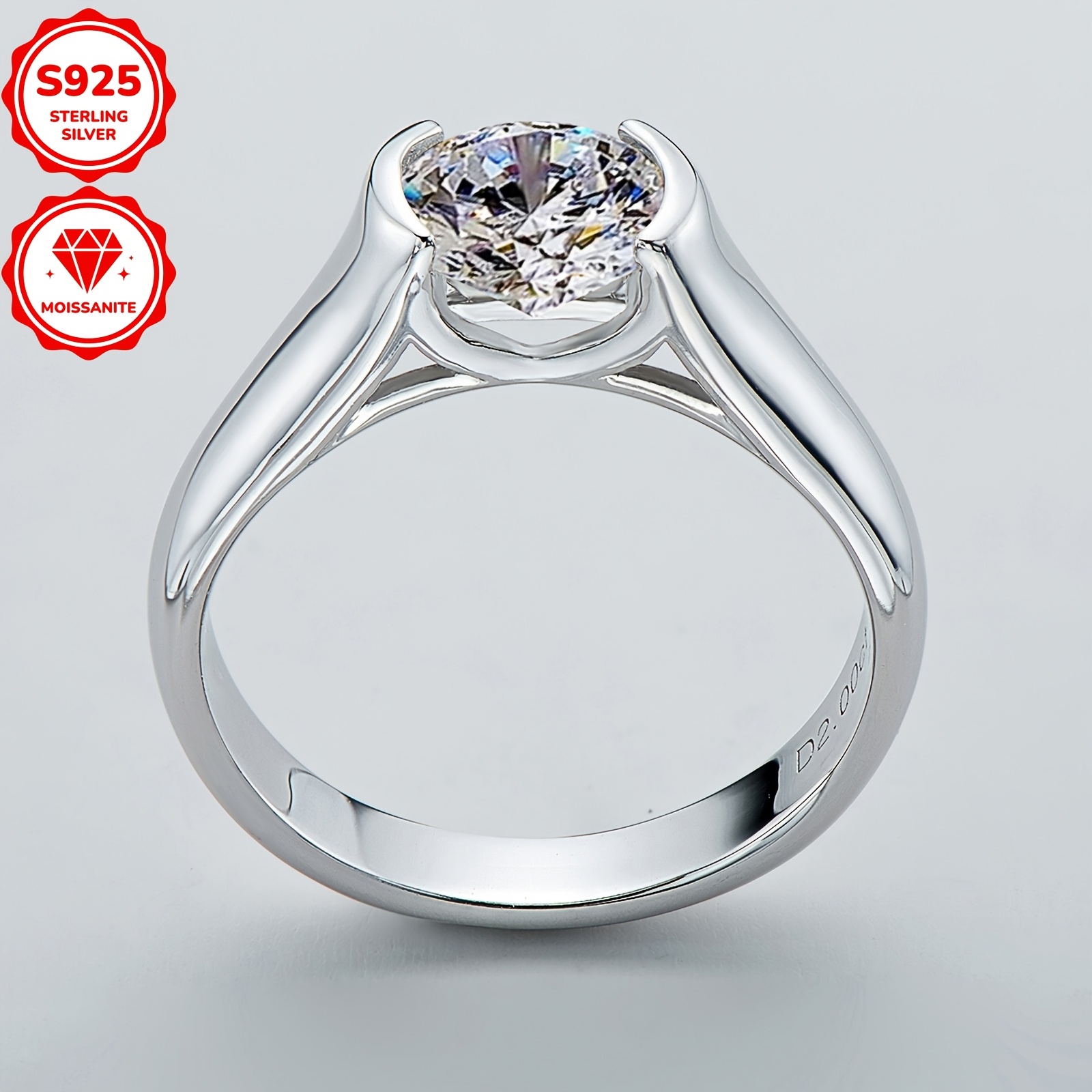 2CT Moissanite Engagement Ring, Classic Design, 925 Sterling Silver