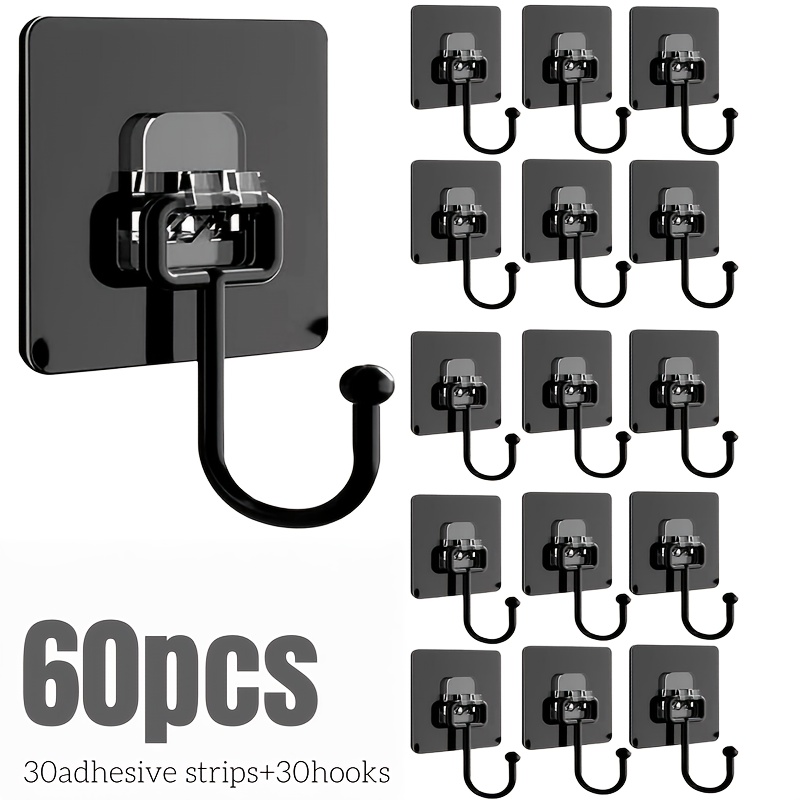 TEMU 60 pièces : 30 bandes adhésives et 30 crochets, crochets polyvalents multifonctionnels, crochets muraux auto-adhésifs noirs élégants - perçage,
