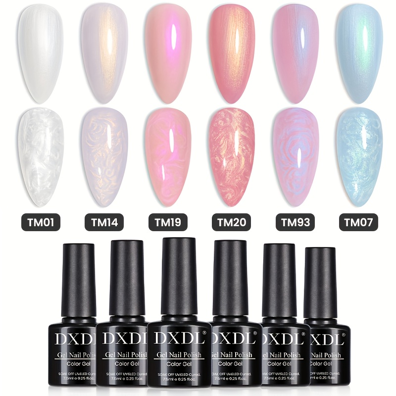 Image of Dxdl 6pcs 7.5ml Gel Nail Polish Set, White Purple Orange Blue Glitter Shell Gel Polish, Soak Off Led Curing Pearlescent Gel Polish Swirl Thread Effect For Nail Art At Home