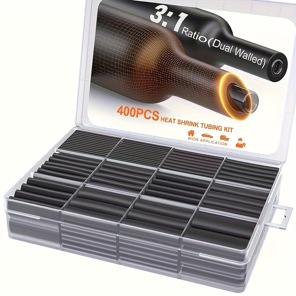 D- 400pcs Heat Shrinkable Tubing Kit With Adhesive Lining - 3:1 Ratio, Fast Shrink For Automotive & Electrical Wiring, Protection, Includes Storage Box