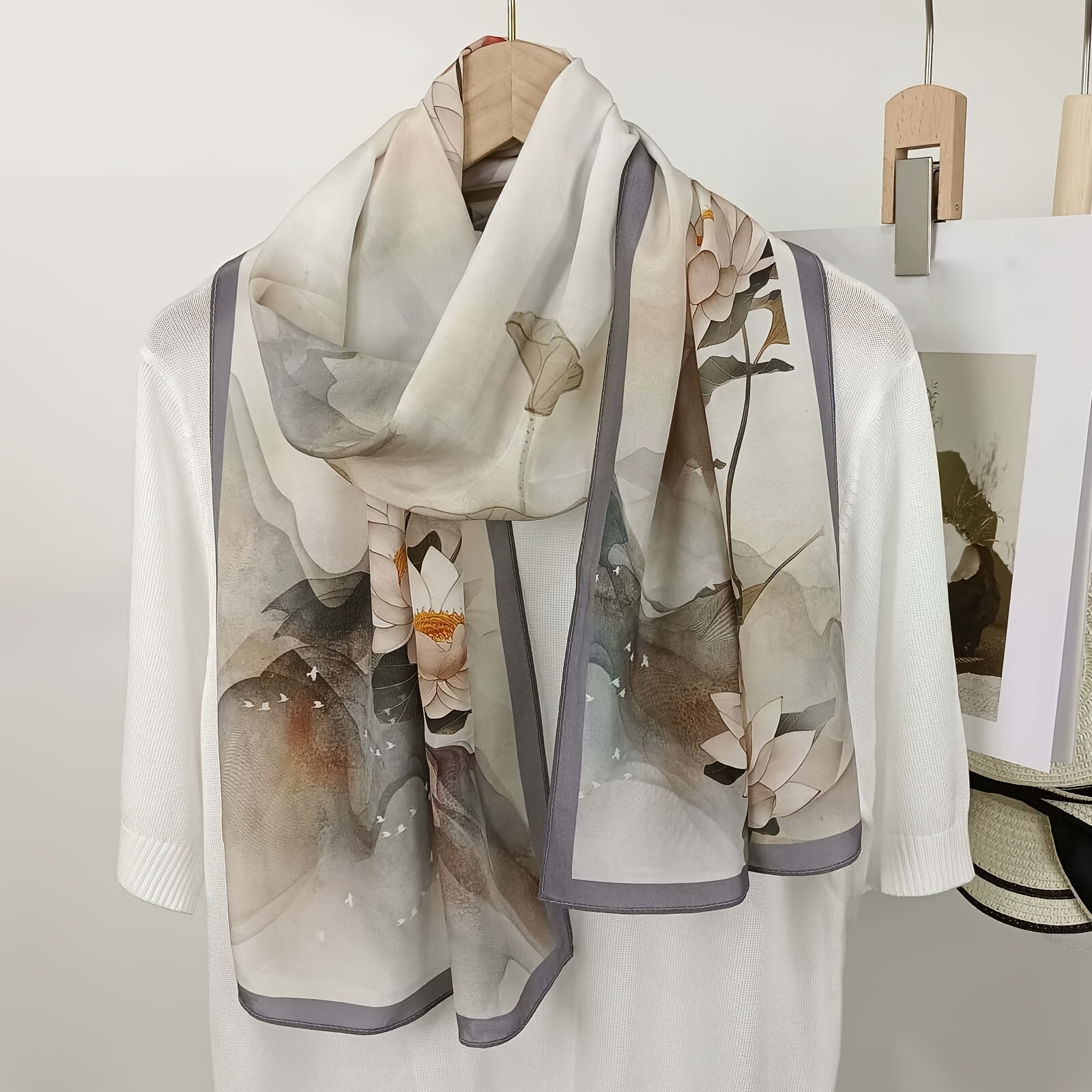 TEMU Elegant And Fashionable Women's Scarf - Silk Silk, Breathable And Warm, Vibrant Lotus Flower Floral Print, Fashion Accessory, Decorative