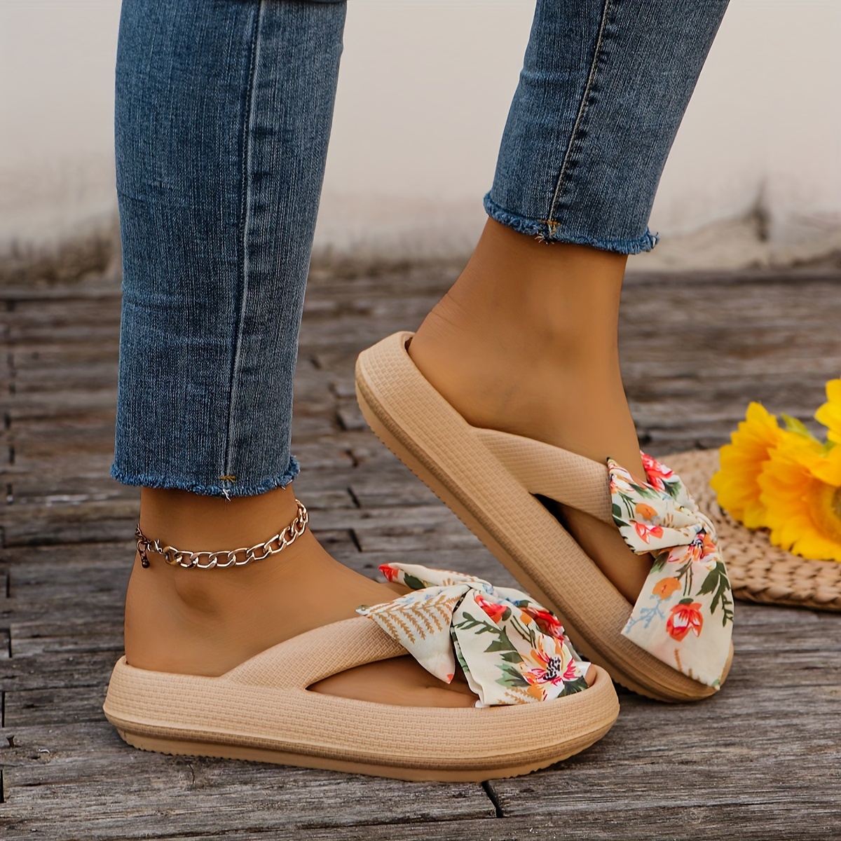 

Women's Solid Color Eva Flip Flops, Platform Soft Sole Slip On Floral Bowknot Decor Slides, Non-slip Beach Slides