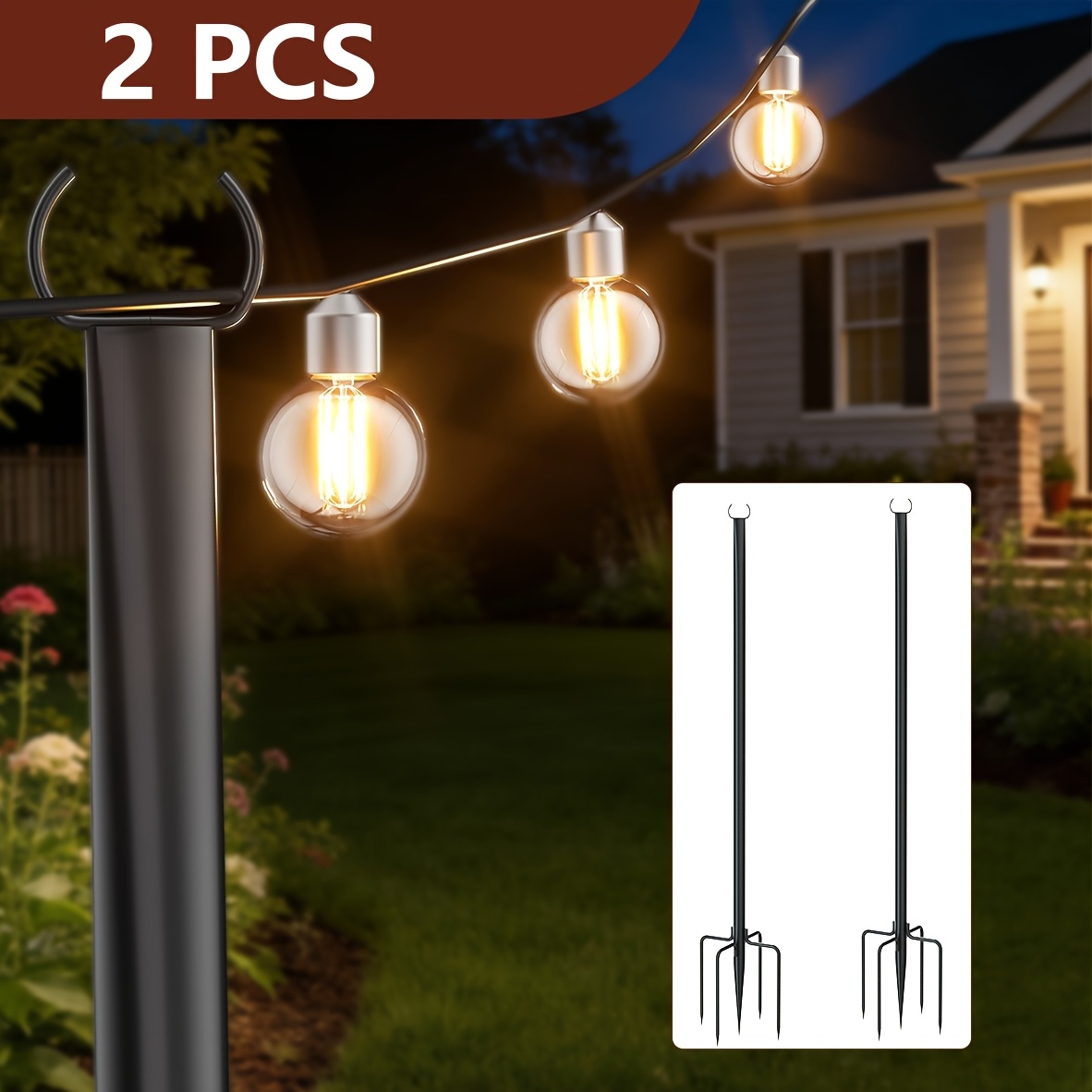 TEMU 4pcs/2pcs Heavy-duty Adjustable Outdoor/ Metal String Light Poles With Fork Base & Top - Ground Spike Mountable Hanging Lighting Stand Suitable