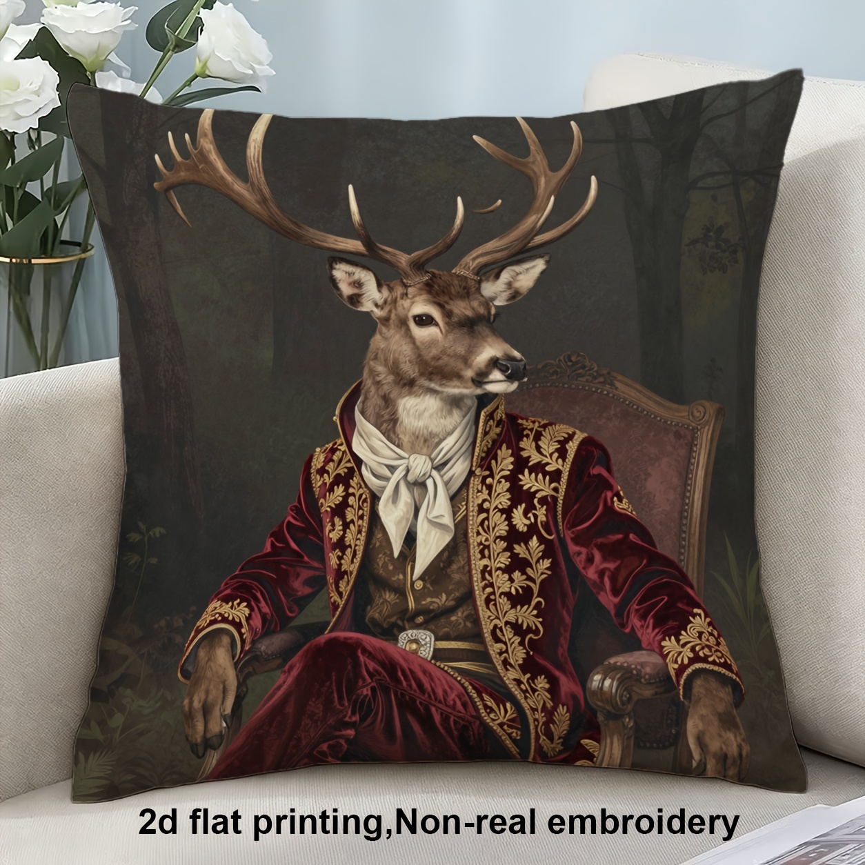 TEMU 2D Plat - 1 stuks 2D Plat Dubbelzijdig Bedrukte Kussensloop, Retro Hof Gewaad Gentleman Hert , Rode Velvet Gouden Geborduurde Jas, Donkere Bos
