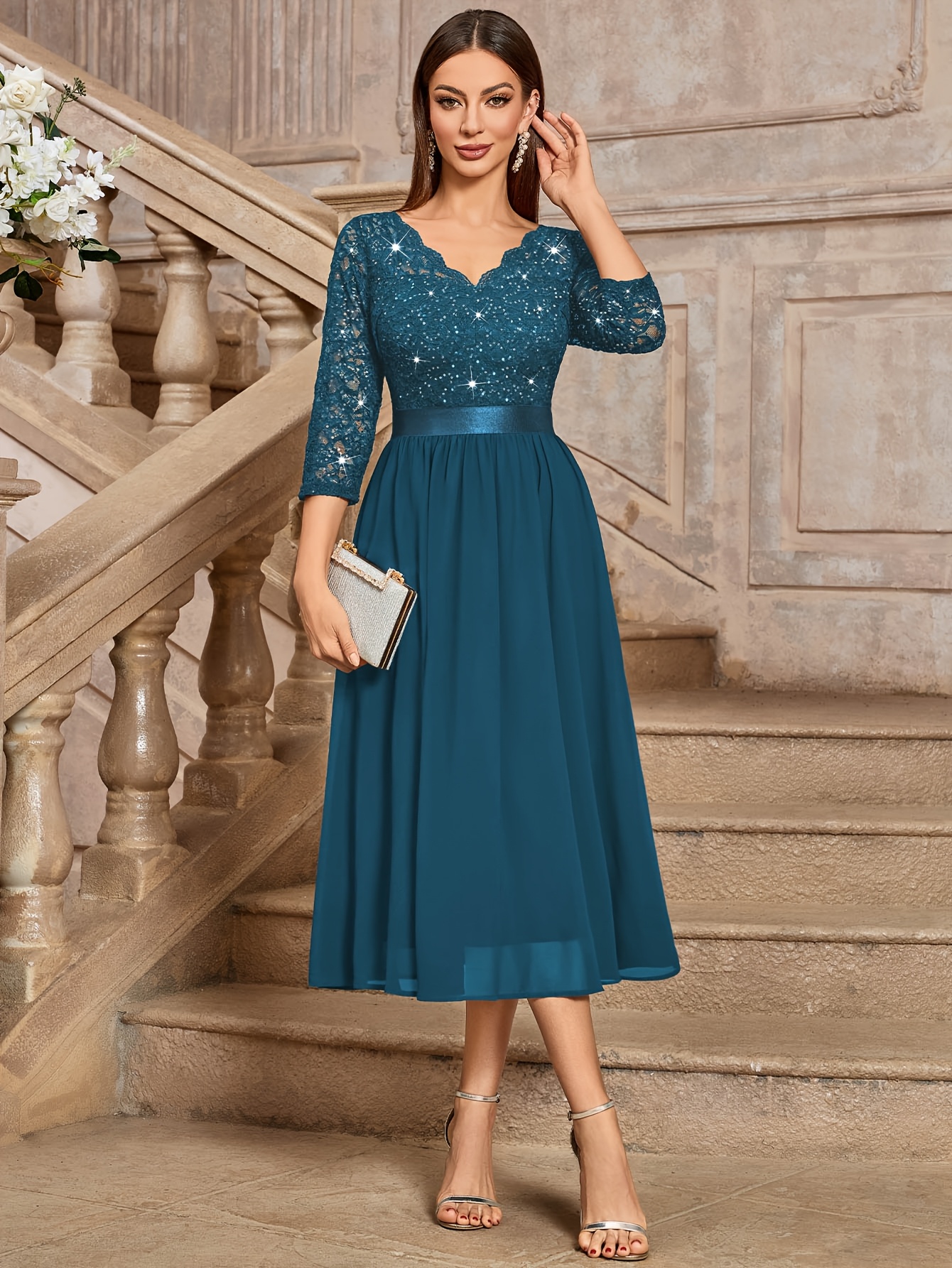 womens elegant sequined lace v neck 3 4 sleeve lace contrast - Temu Greece