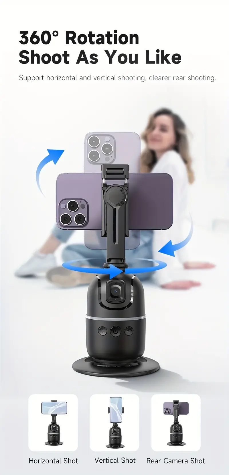 trépied de automatique du visage, application requise, rotation à 360 °, support de téléphone pour caméra de corps de visage, support de de téléphone intelligent pour la vidéo en direct vlog, accessoires de batterie rechargeables selfie détails 3