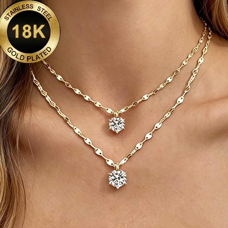 TEMU 2pcs Premium Exquisite Six-prong Synthetic Zirconia Stone Pendant Necklaces, Lip Chain Women's Necklaces, Hypoallergenic Women's Additions,