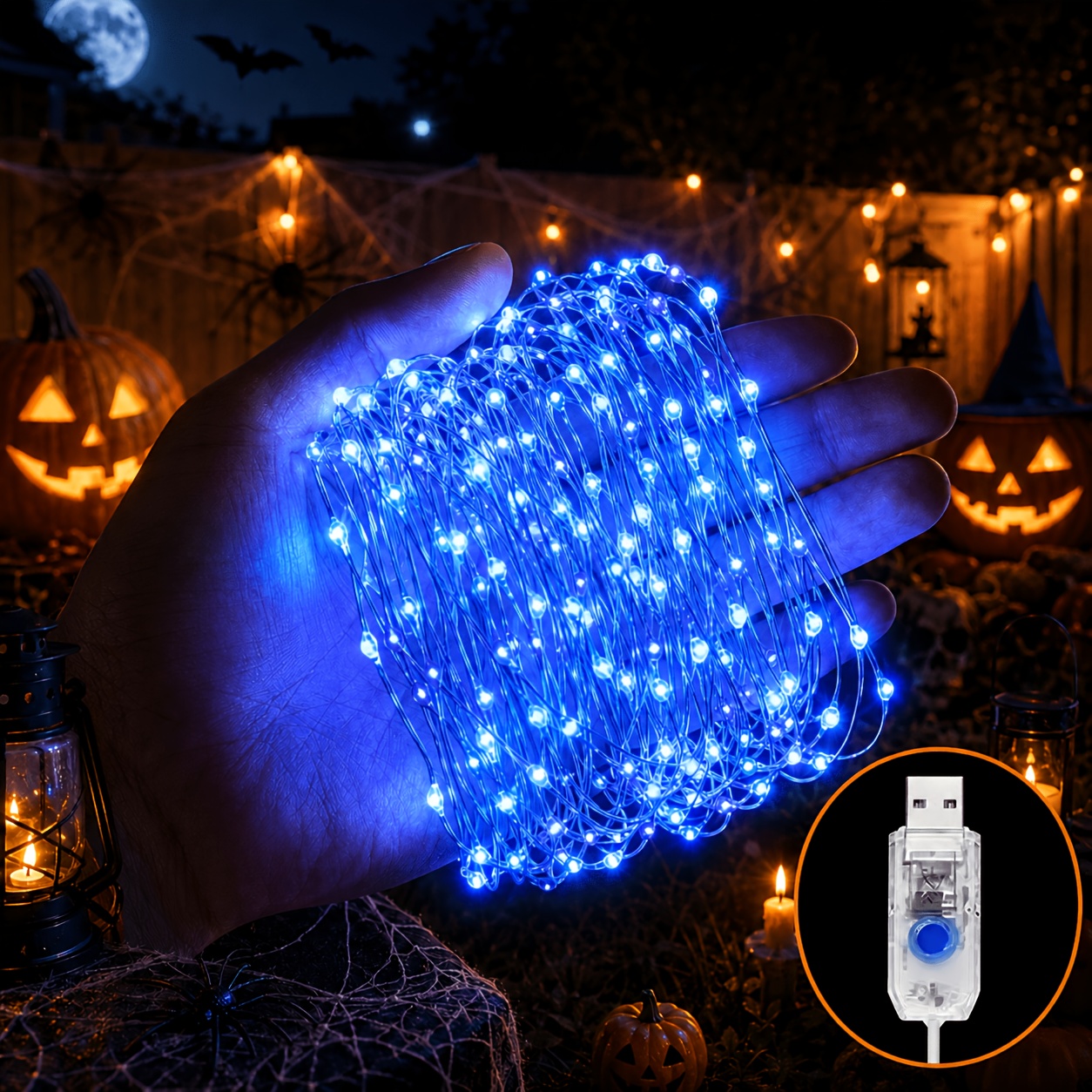 TEMU 300/200/100/50led Usb Copper Wire String Lights, Halloween Lights, Festival Fairy Lights With 7 , Shelf Display Decor, Holiday Indoor String