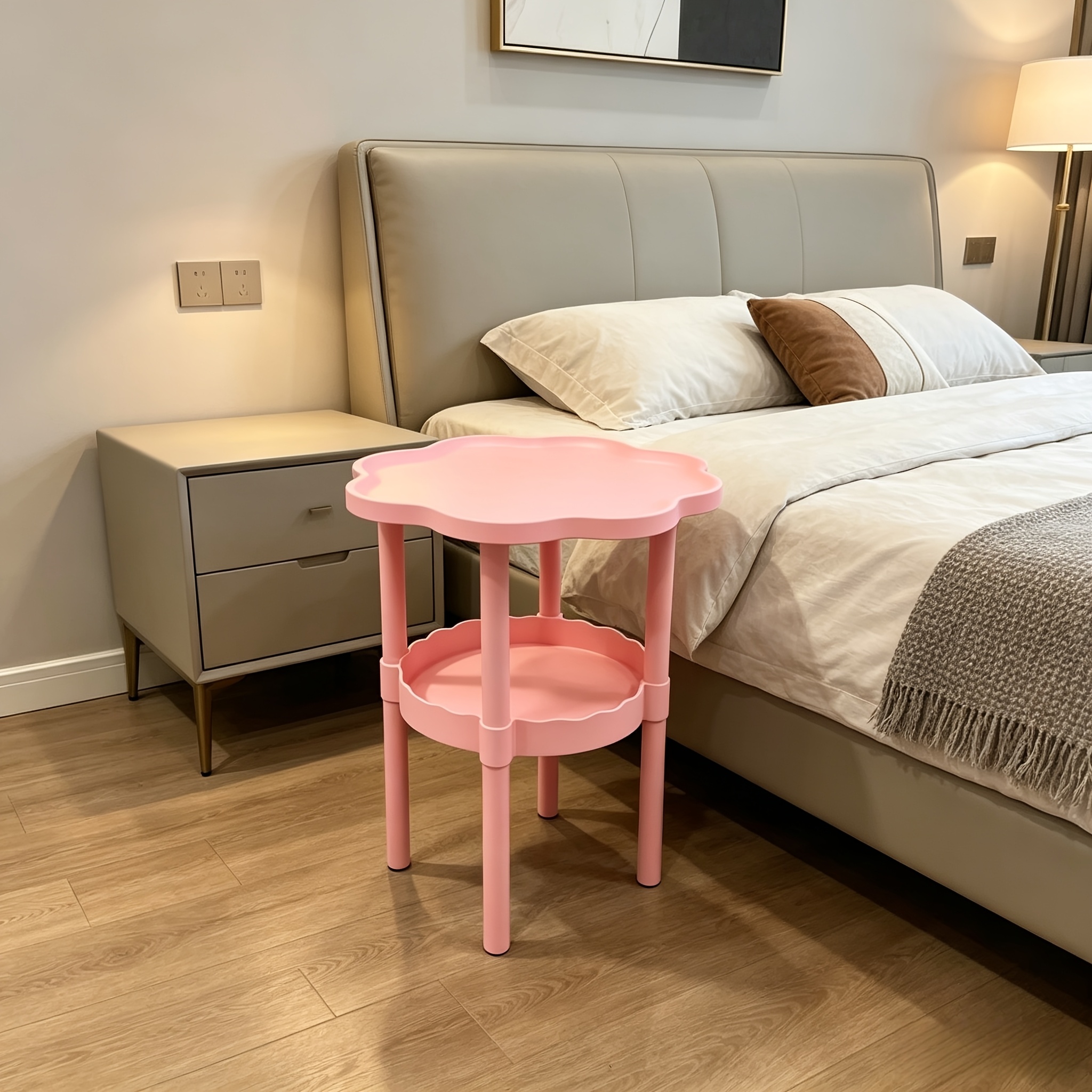 TEMU A Easy Solid-color Floral Side Table With Storage Shelf - 2-tier, Curved Design, Suitable For Bedside, Living Room, Or Office Use - Home
