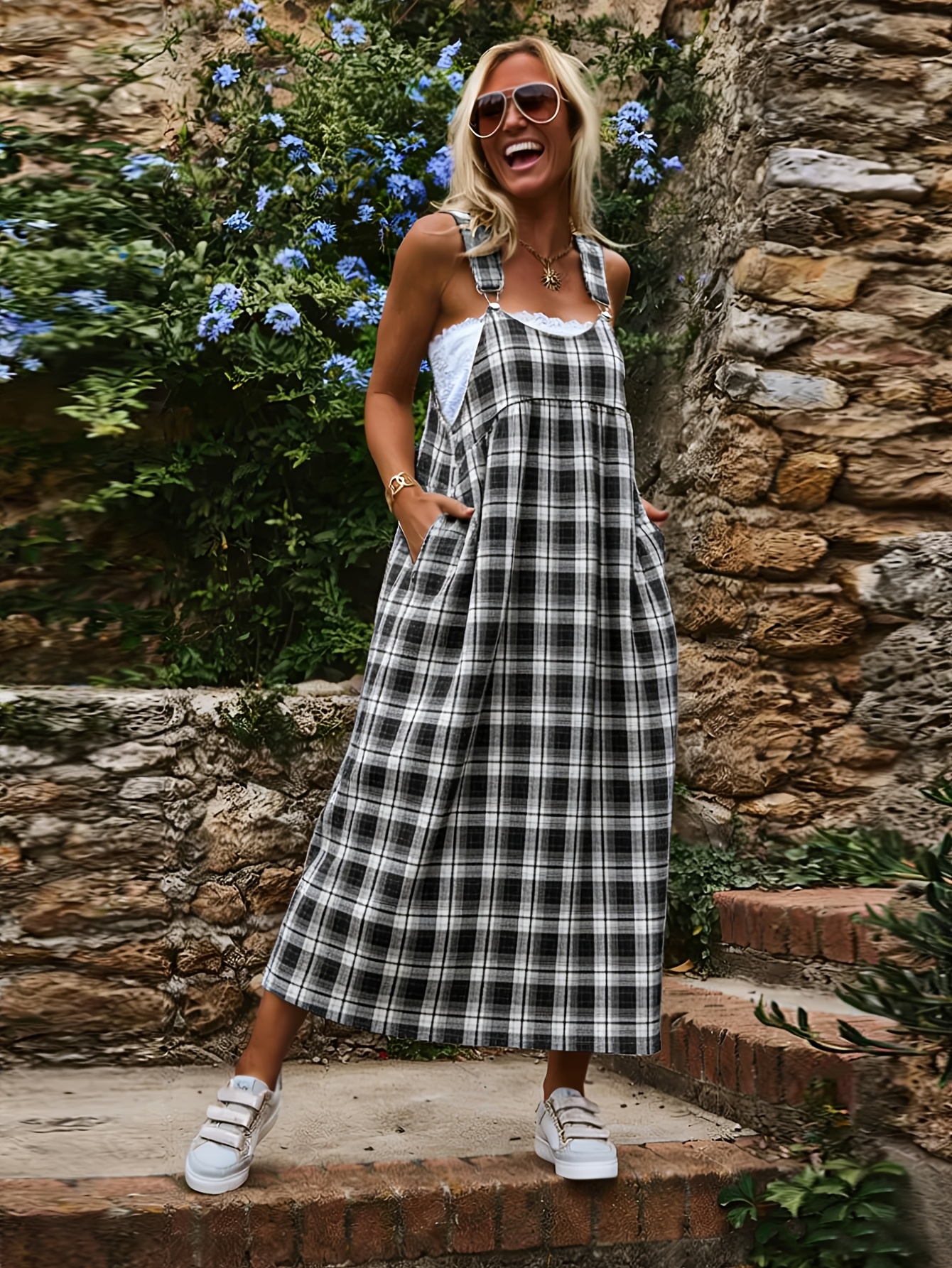 navy blue dress for baby girl Plus Size, Women's Plus Size Elegant -Line Maxi Dress with Sleeveless  Strapback Neckline & Pockets
