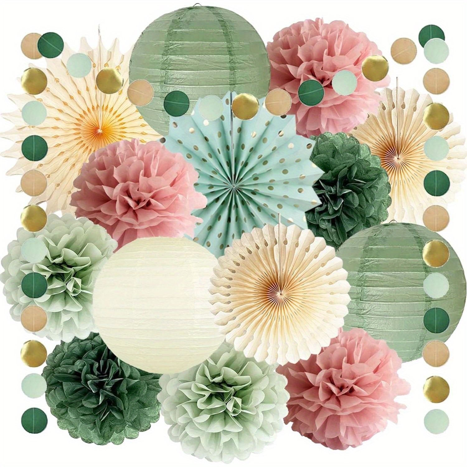 Image of Sage Green And Party Decorations - Green And Pink Paper Balls, Lanterns, And Fans, Suitable For Women's Birthdays And Wedding Parties