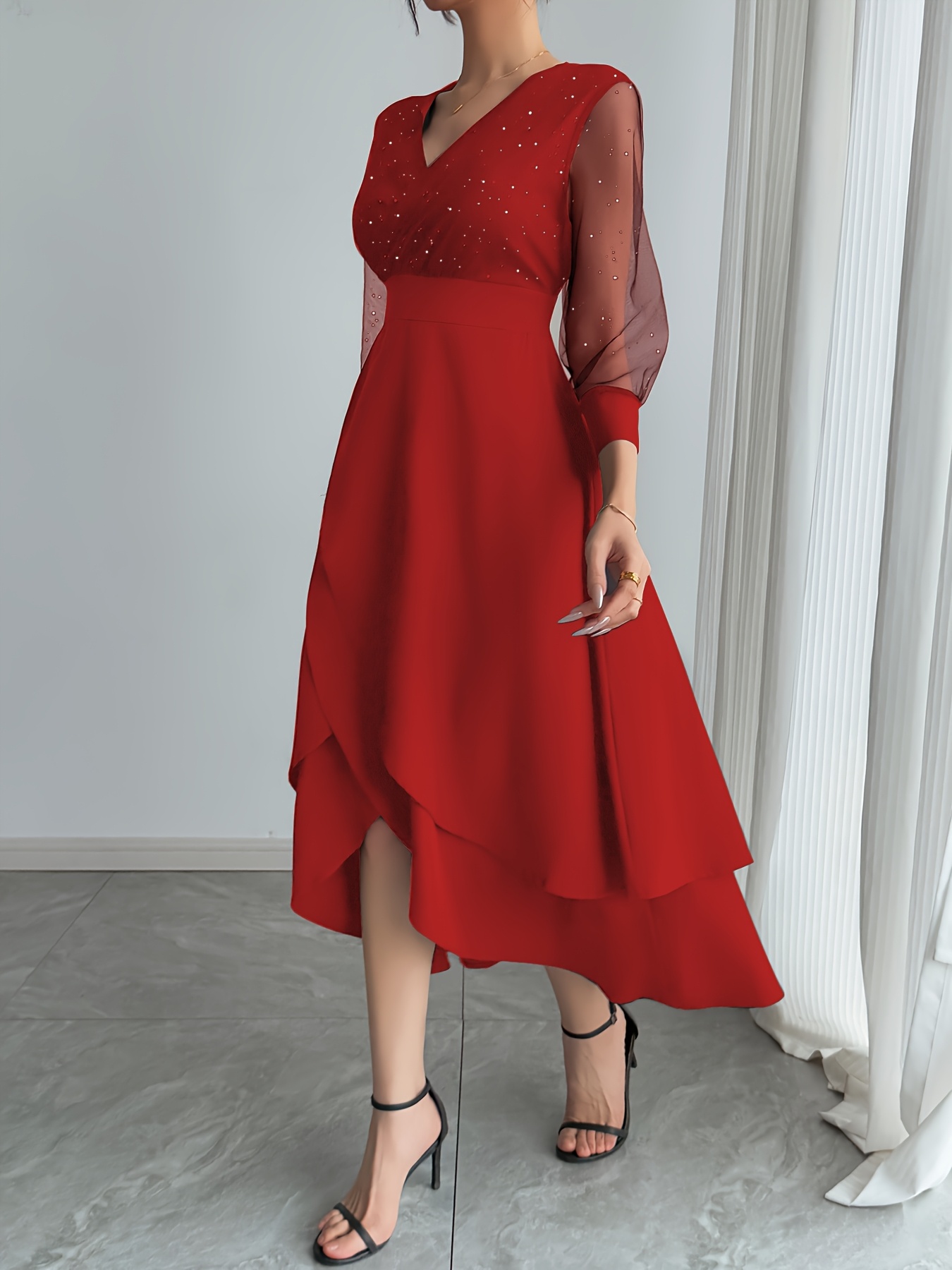 elegant womens black sequin v neck midi dress contrast mesh Temu