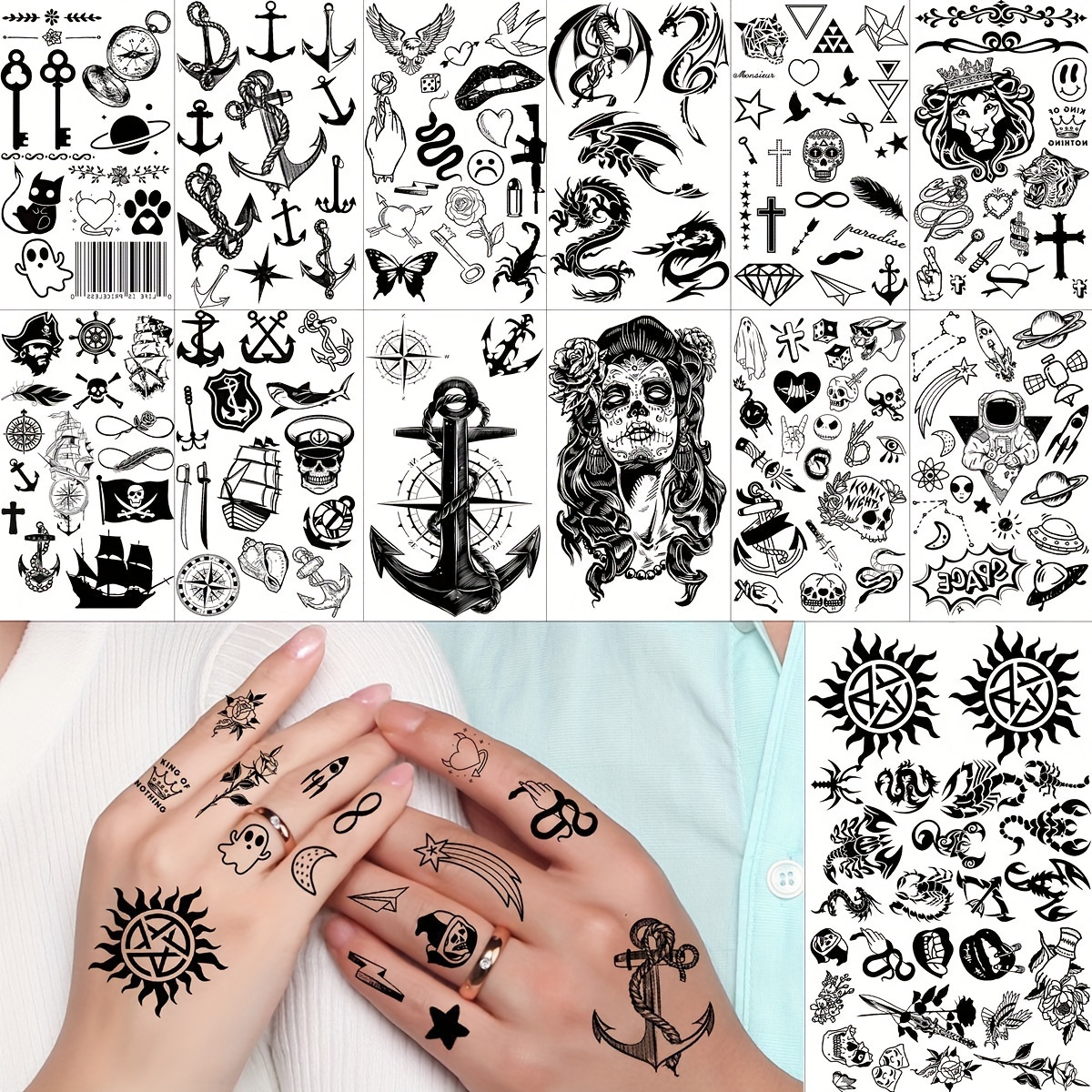 32 Blätter 3d kleine schwarze temporäre Tattoos für Frauen Männer