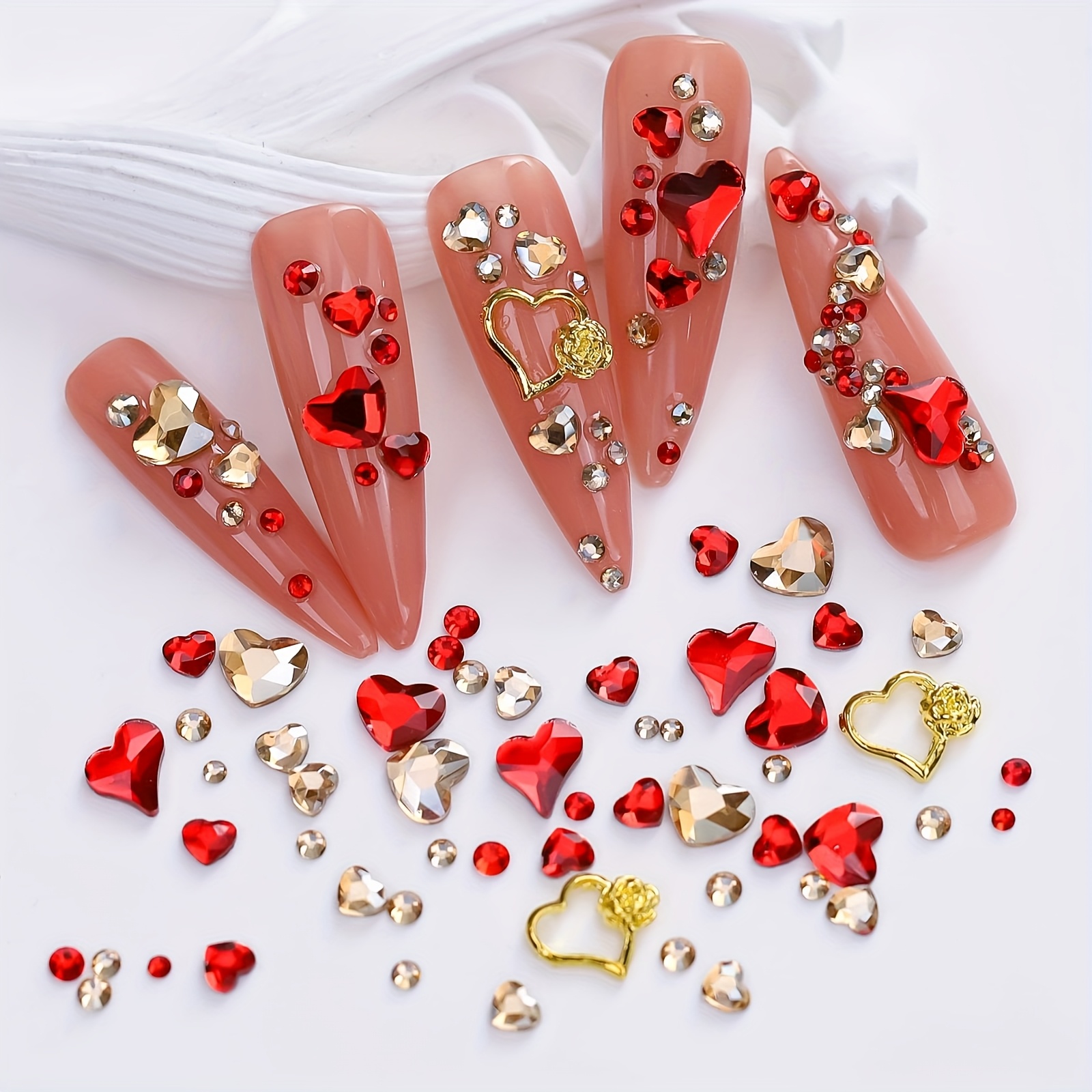 

[767pcs Heart-shaped Nail Charms] 767pcs Heart-shaped Nail Charms, Red Yellow Nail Gems, 3d Nail Decorations, Sparkling Art Charms, Diy Nail Art Accessories