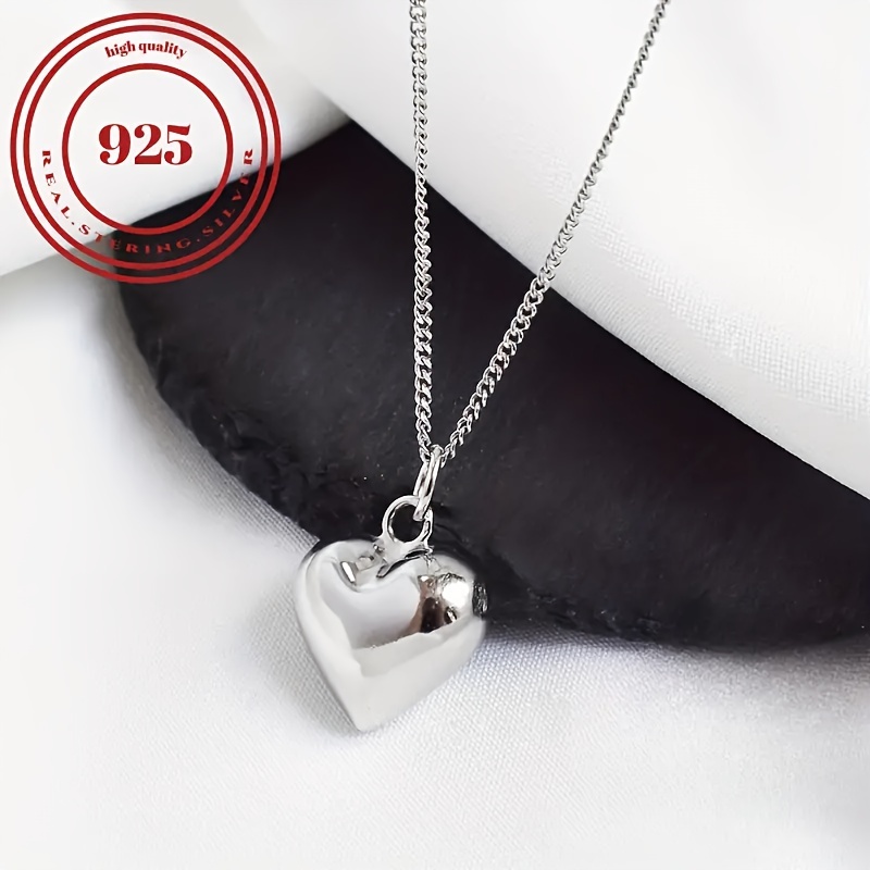 

S925 Pure Silver Simple 3d Heart-shaped Pendant Necklace Personalized Love Collarbone Chain Gift Girlfriend Jewelry Accessories 3.6g/0.13oz