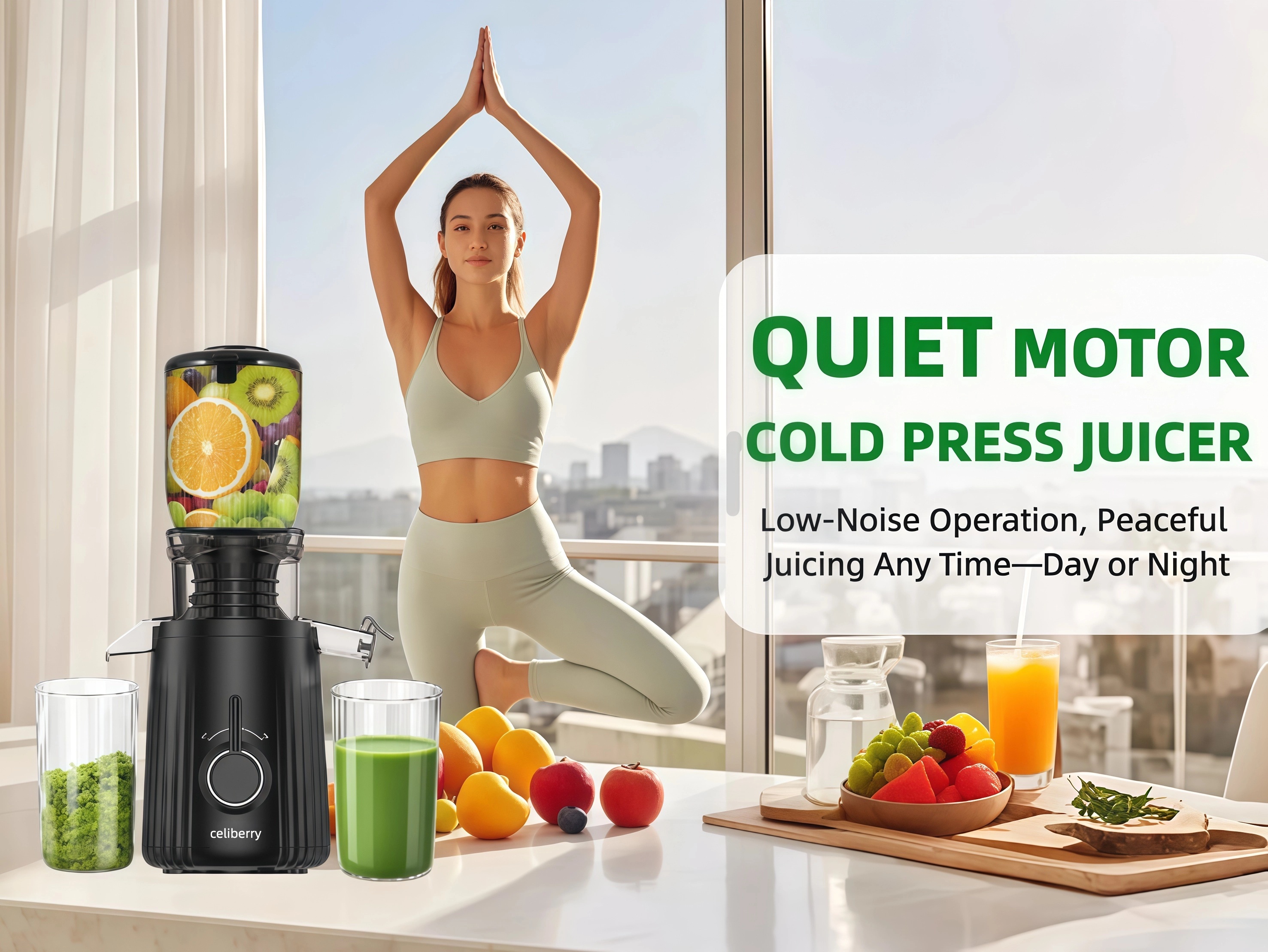Celiberry Cold-Pressed Juicer, Slow-speed Masticating Juicer, Features a 4.25-inch Wide Feed Chute with Automatic Feeding Design Suitable for Whole Fruits and Vegetables. Achieves up to 98% Juice Extraction, Operates Quietly and Is Easy to Clean.