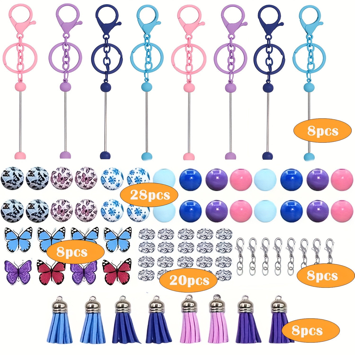 TEMU 80pcs Keychain Tassel Set, Including 8pcs Beaded Keychain Straps, 8pcs Colorful Tassels, 8pcs Small Keychains And 56pcs Beads, Used For Diy