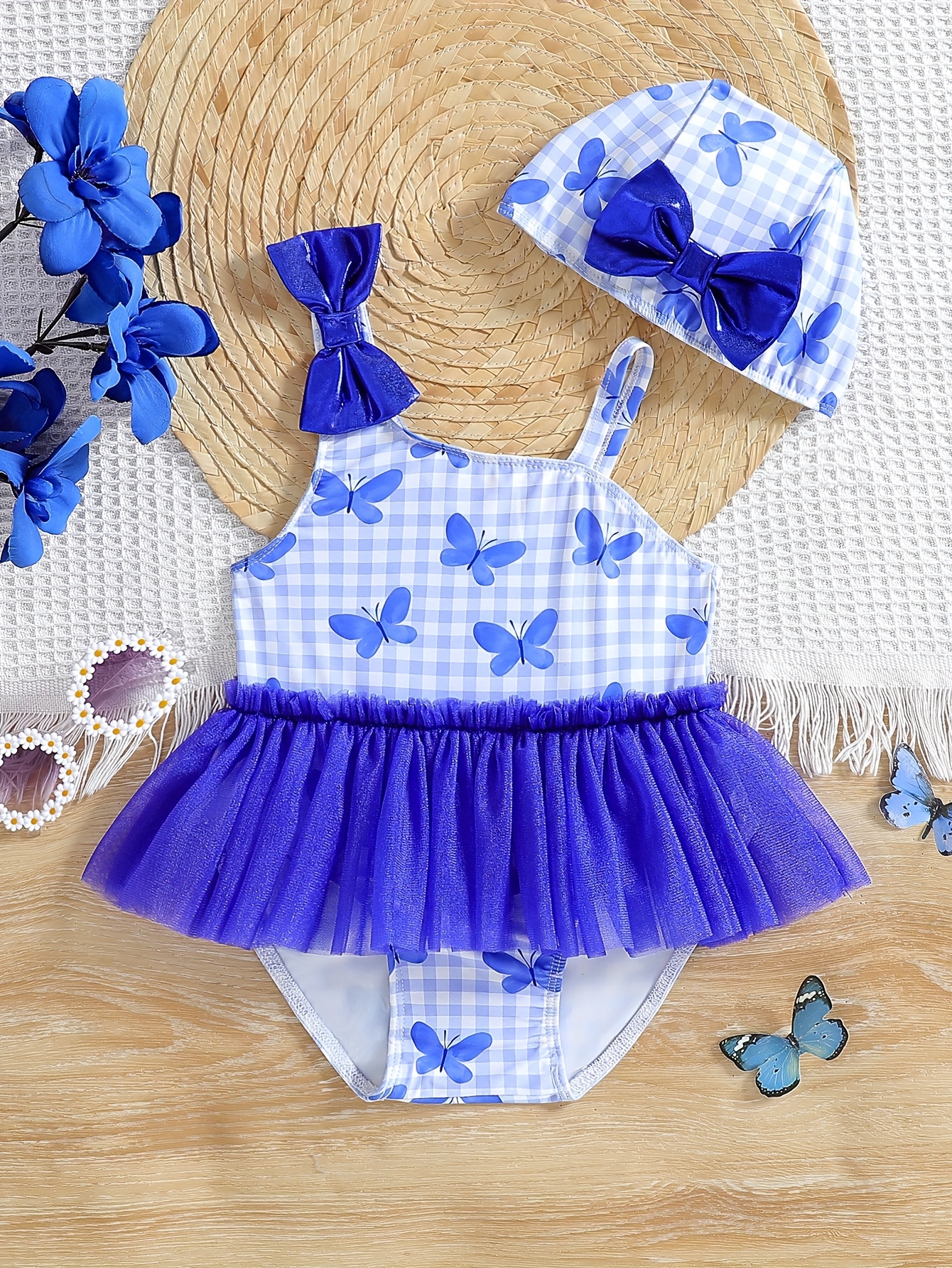 2025新款女婴夏季撞色蝴蝶结彩色美人鱼连体泳衣可爱卡通拼接网纱裙式平角可爱风游泳装适合海边沙滩| temu {reg - Temu Malaysia, image size:800x1066