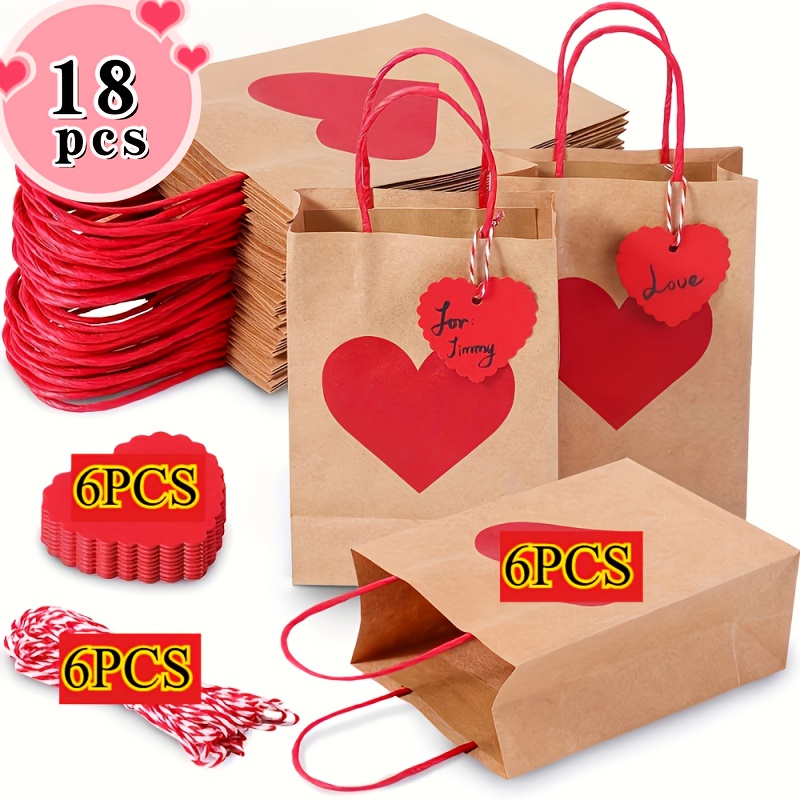 E-shop 18-teiliges Set (Enthält 6 Liebeskarten + 6 Seile + 6 ) Herzförmige Geschenktüten aus Kraftpapier mit Etiketten und Seil - Geeignet für