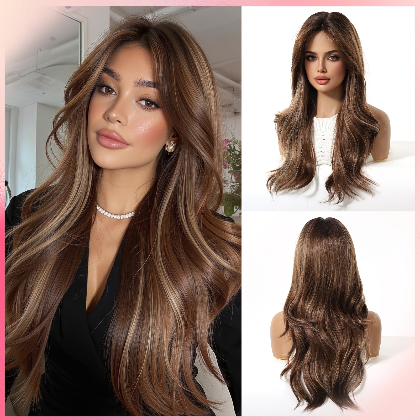 TEMU 22-inch Women's Wig With -character Bangs And Light Brown Highlights, Made Of High-temperature Fiber, With Breathable Inner Mesh, , Suitable For