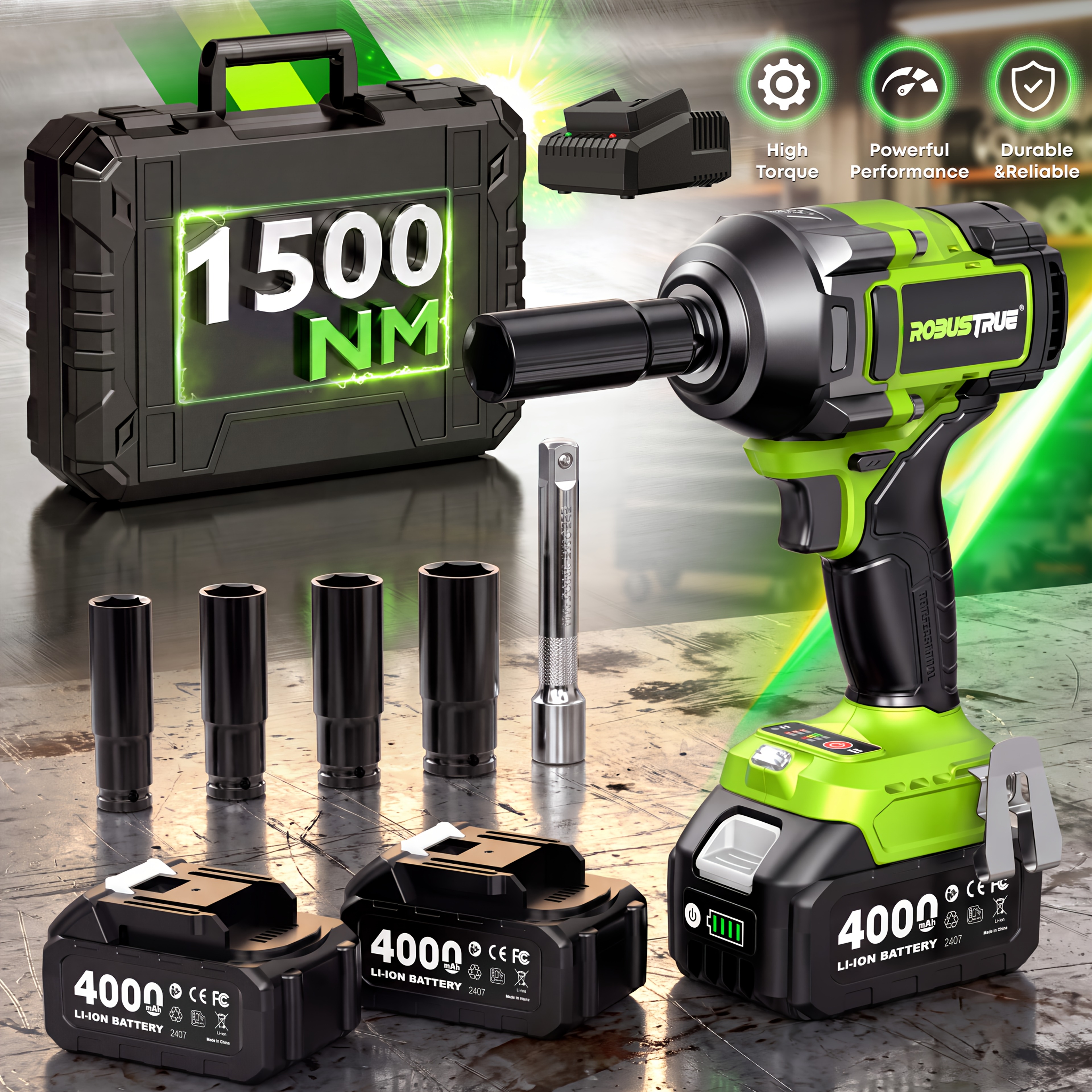 TEMU Chiave a impulsi brushless Robustrue 21V | massima 1500N.M, 2 batterie a ricarica rapida da 4.0Ah | Chiave elettrica di livello industriale per