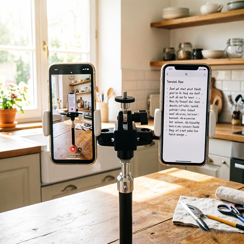 Dual Phone Mount Installation, Featuring a 360° Rotatable Dual Phone Clip with a 1/4-inch Screw. A Universal Dual-device Mount for Live Streaming and Video Recording, Compatible with Tripods, Desktop Stands, and All Smartphones Between 4.7 Inches