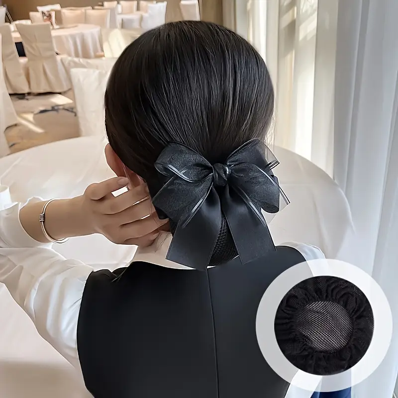 1pc elegant ribbon bow chic professional hair accessory nurse hotel staff hair clip with net cute knot work hairpin Product details 11