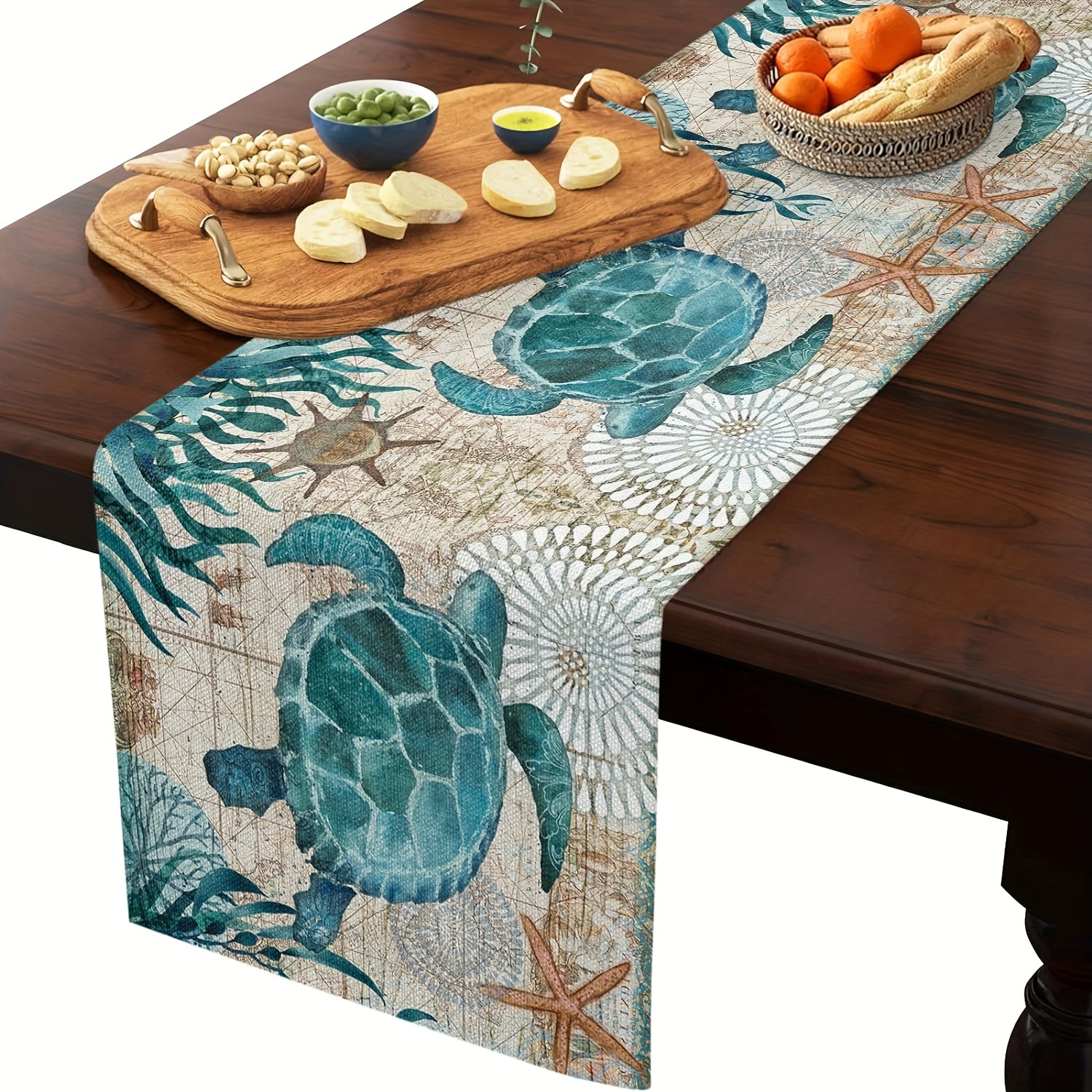 

1pc, Table Runner Dresser Scarves Sea Turtle Starfish, Table Runners For Family Dinner Holiday Party Kitchen Tabletop Decor Vintage Nautical World Map Underwater Ocean Animals
