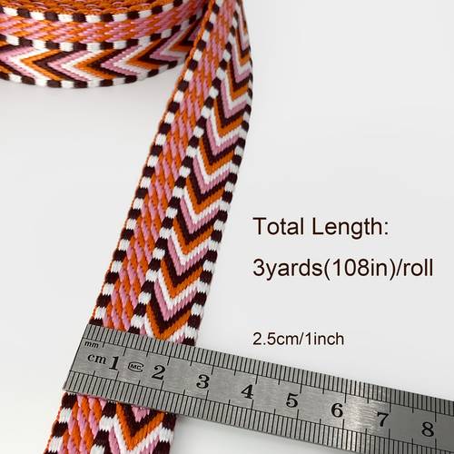 3 yards lang, 1 tomme/2,5 cm , klassisk pilestil, geometrisk retningsmønster, til håndarbejde, urremme, taske- og tøjtilføjelser, bælte dekoration, skulderstropper, taskestropper, lanyards, slipsremme, , orange, pink