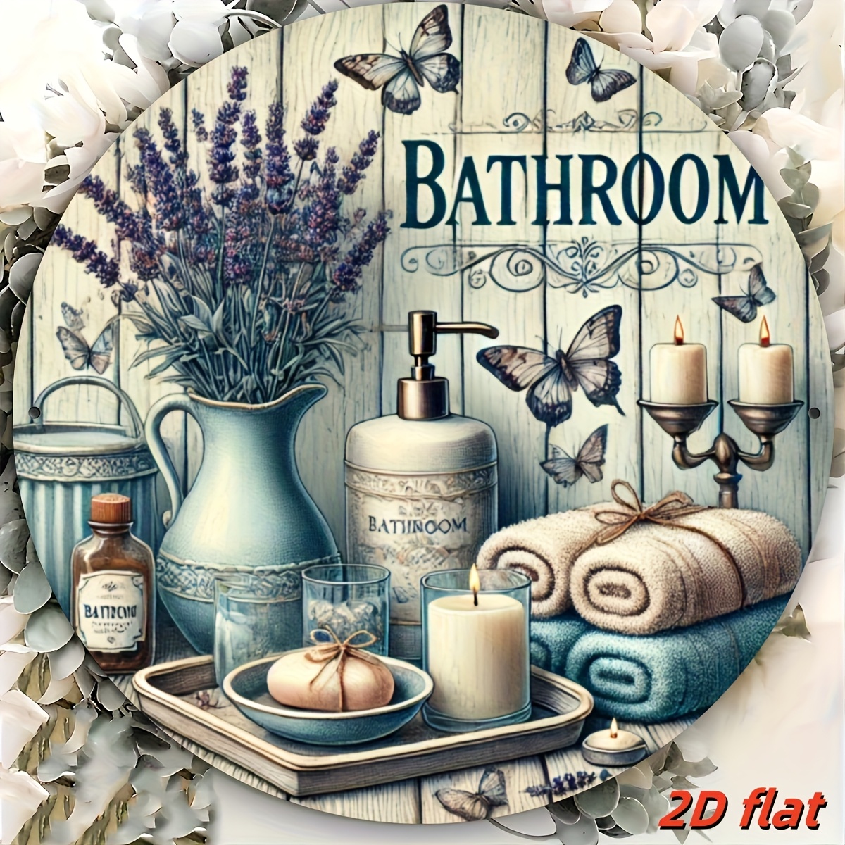 TEMU 2d Flat, 2d Flat- A 2d Plane- A Single Metal Sign With A Lavender Theme, Suitable For Bathrooms, Measuring 8 Inches By 8 Inches, Designed In A