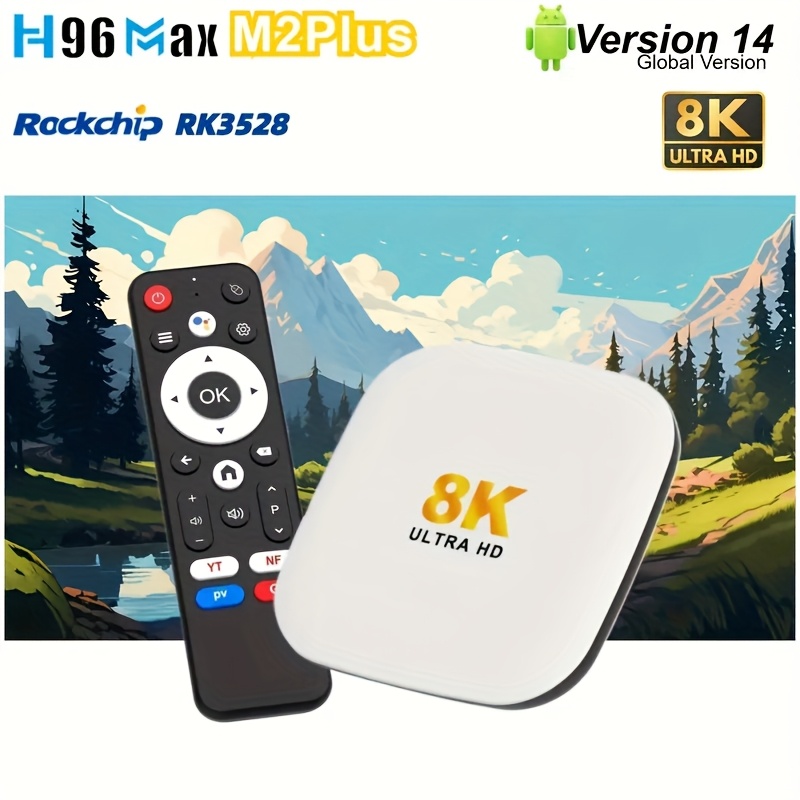 H96 MAX M2 Plus Smart TV Box - Android 14.0, CPU Quad-Core RK3528, Salida 8K Ultra HD, Compatible con 4K@60fps, WiFi6 & BT5.4, con Control Remoto, Puertos USB2.0, Reproductor Multimedia HDR10, Enchufe EU, Entretenimiento en el Hogar